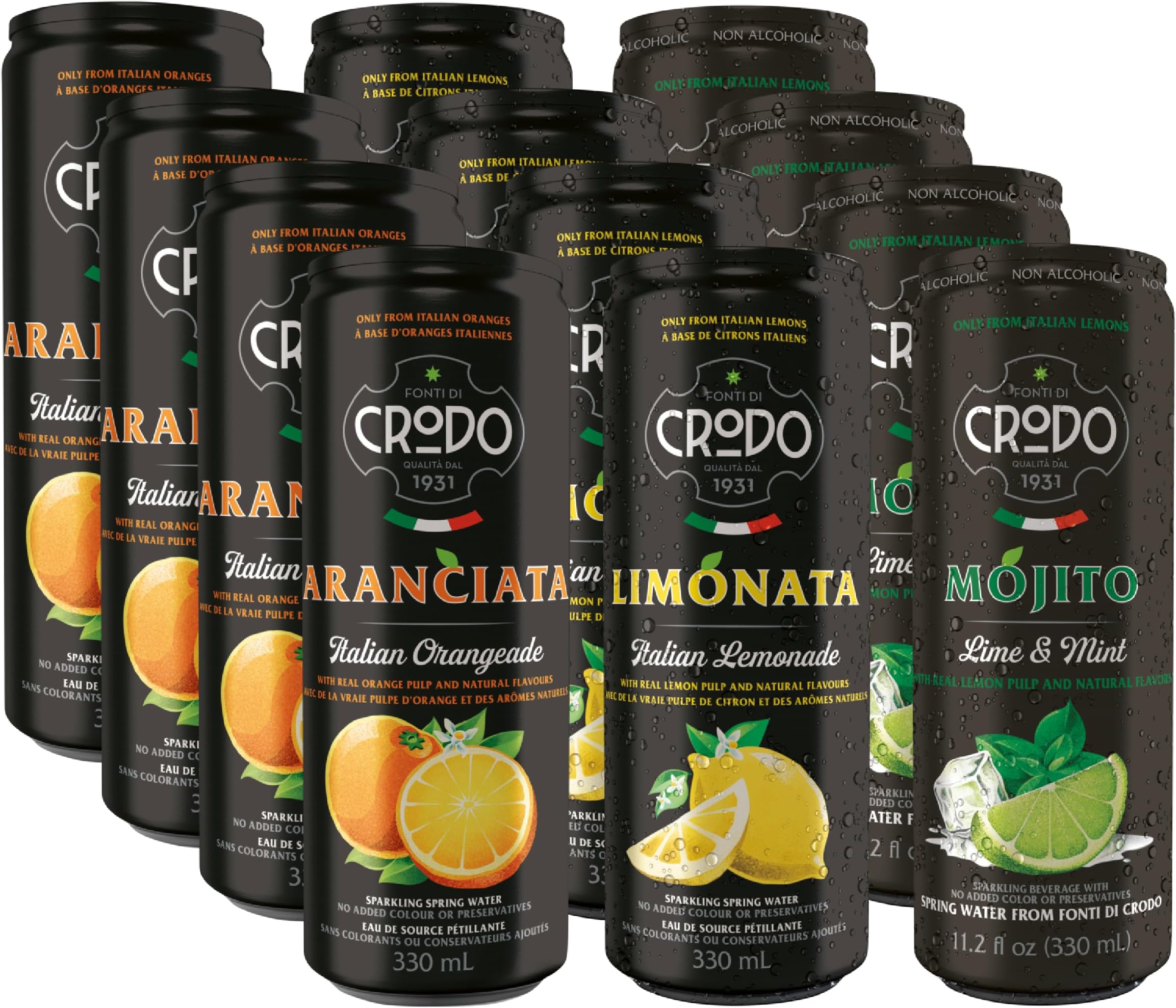 Niro Assortment | Fonti Di Crodo Variety | 3 Flavor Assortment | 4 Cans of Each Flavor- Limonata, Mojito, and Aranciata | 12 Cans Total | Includes Niro Can Sleeve