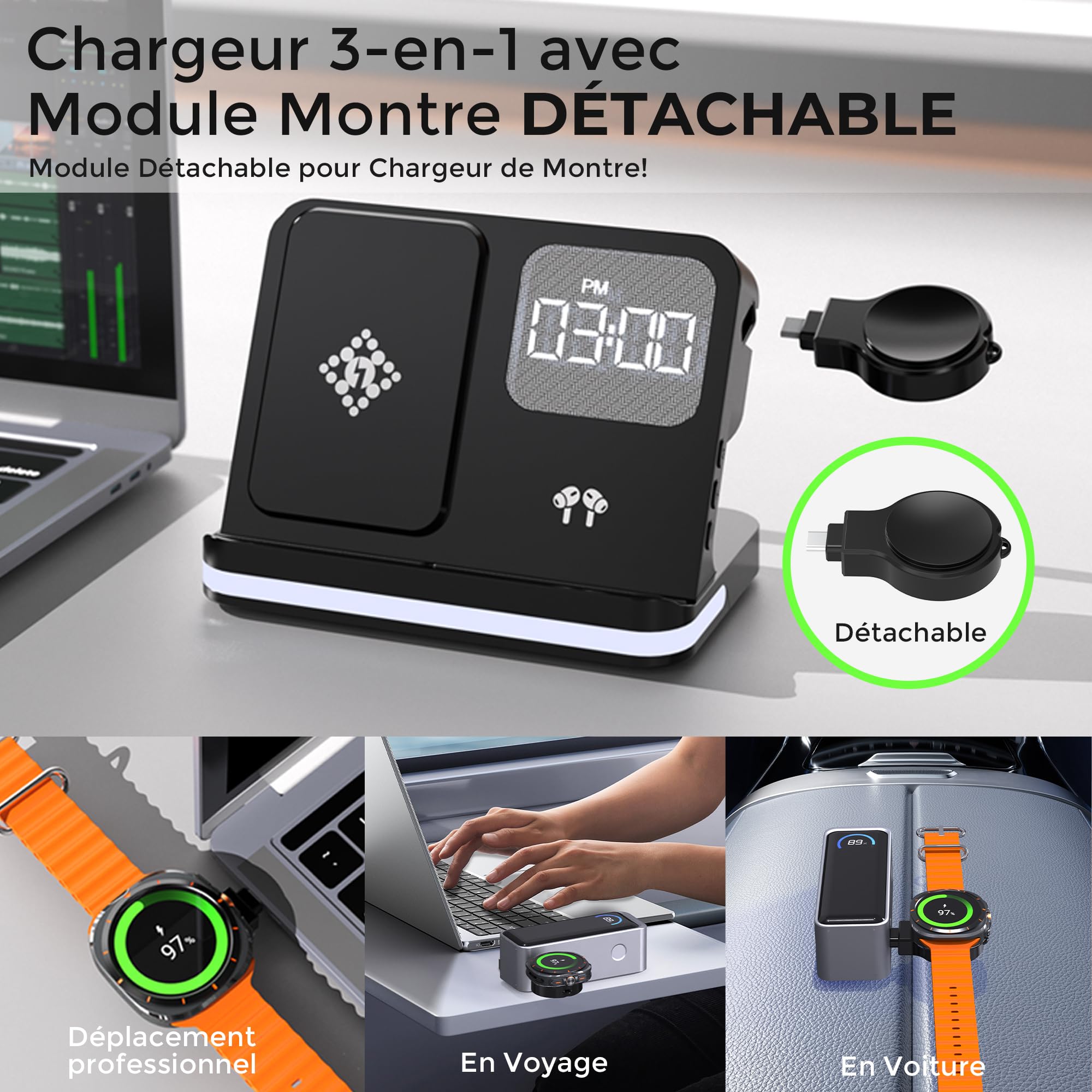 Chargeur Induction 3 en 1 pour Samsung avec Réveil et Veilleuse, Chargeur sans Fil 15W pour Galaxy S25/S24/S23, Galaxy Watch 8/7/6 et Galaxy Buds 4 Pro, Chargeur Rapide pour Samsung avec USB-C