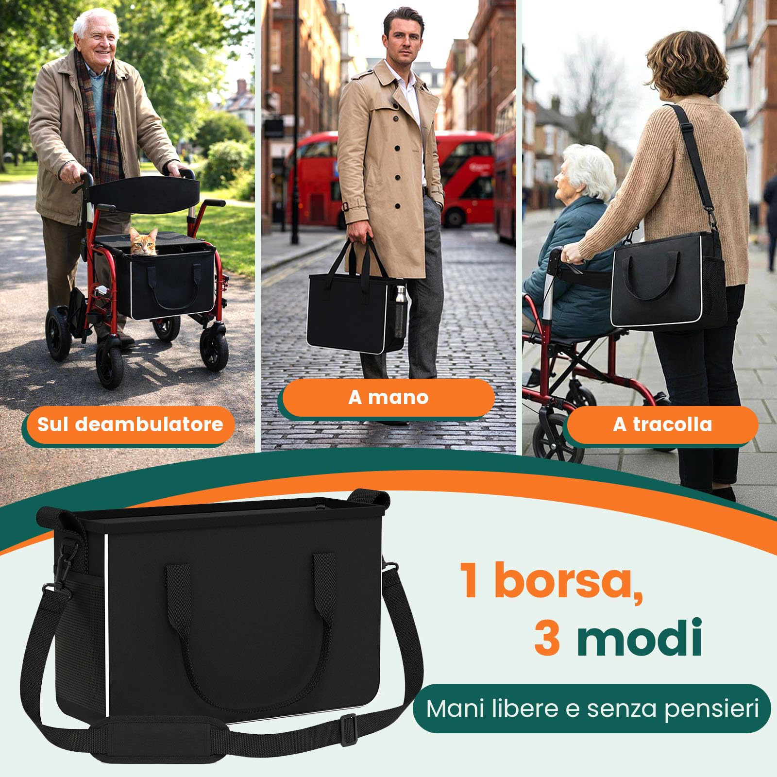 Rollator con seduta 2-in-1, Rollator 4 ruote & Sedia da trasporto, Portata 136 kg, Ruote TPU 8"" anteriori & 10"" posteriori, Doppio freno, Pieghevole, Altezza regolabile, Borsa portaoggetti – Rosso