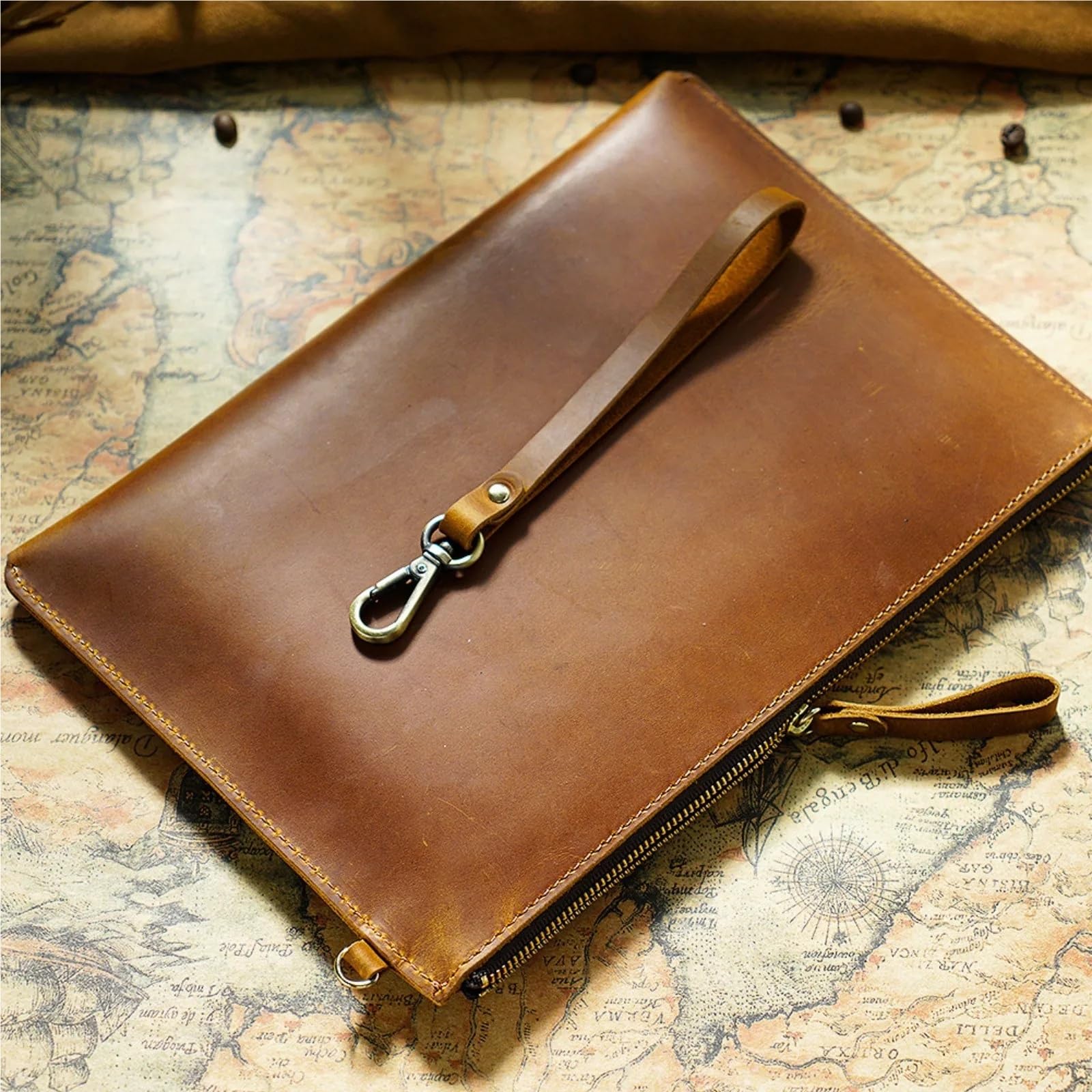 Documents en cuir Pochette de rangement documents vintage en cuir avec fermeture éclair, porte-documents fin for smartphone, voyage, bureau(Brown)