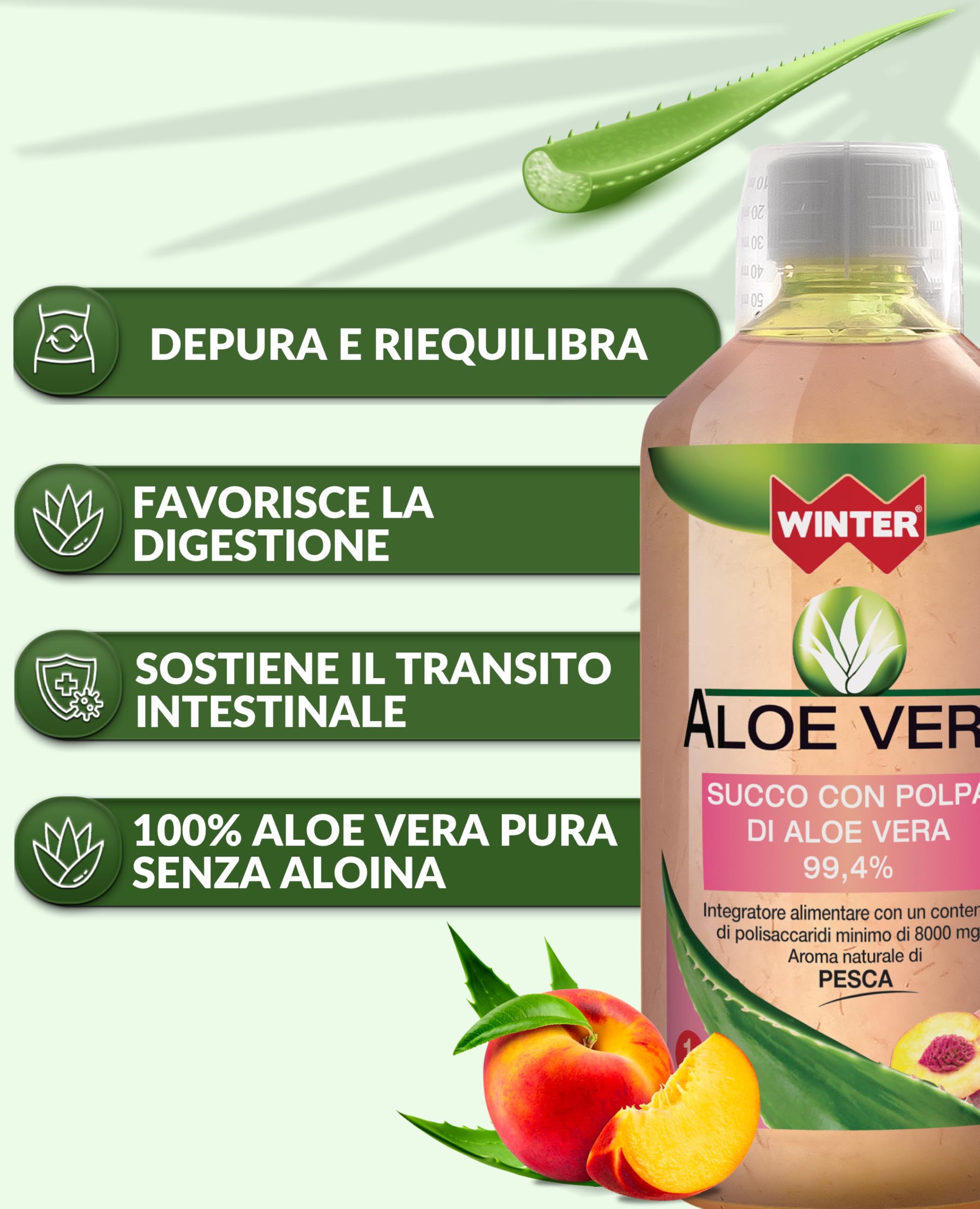 Aloe Vera da Bere 99,4% con Polpa Naturale al Gusto Pesca – Succo Senza Aloina, Made in Italy, 1000 ml – Integratore Depurativo e Digestivo, Fresco e Piacevole da Bere Ogni Giorno