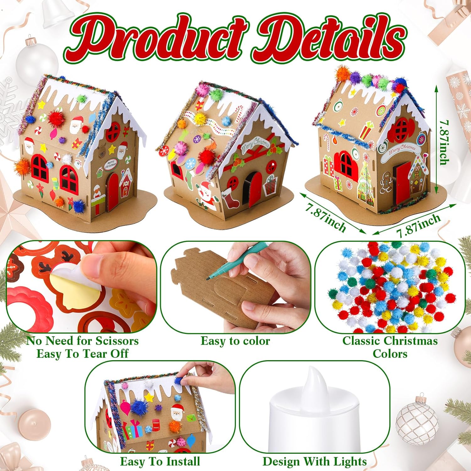 Yunsailing 300 Pieces Gingerbread House Craft Kit Include 6 Gingerbread House 6 Led Fake Candles 100 Christmas Pipe Cleaners 200 Pom Poms 6 Set Watercolor Pens 2 Roll Double Sides Tapes for Christmas