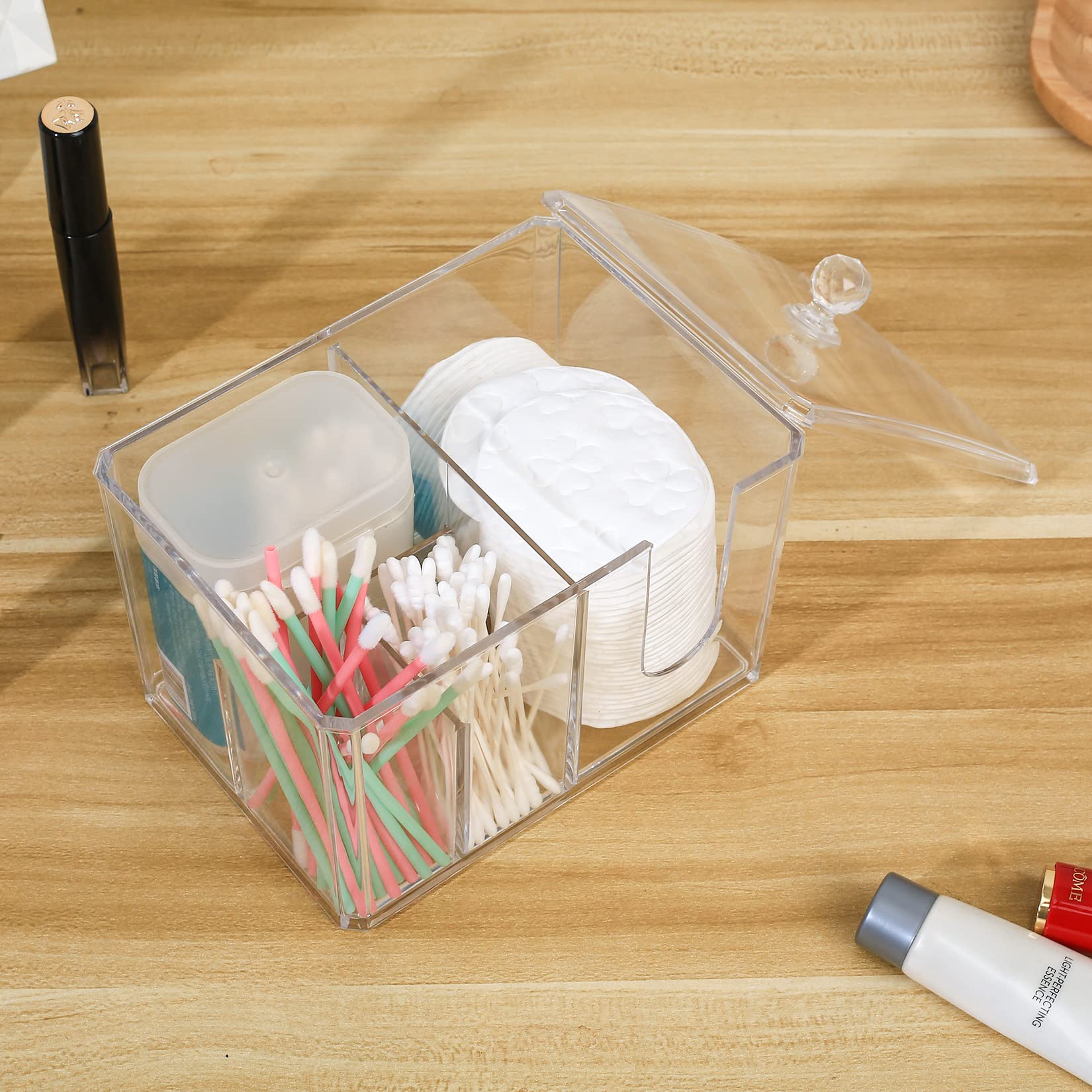 Caja de Acrílico de Bastoncillos de Algodón con Tapa, Caja Transparente de Hisopos de Algodón, Caja de Almacenamiento Dispensador de Disco para Organizador de Bolas de Hisopo Baño