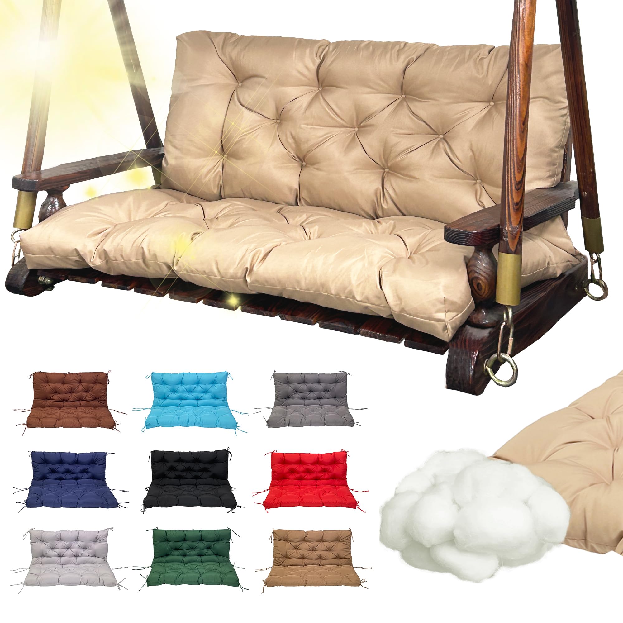Replacement Swing Cushions for Outdoor Furniture: 2-3 Seater Waterproof Porch Bench Cushions with Ties and Backrest - 4" Thick Patio Swing Chair Cushion for Garden Backyard