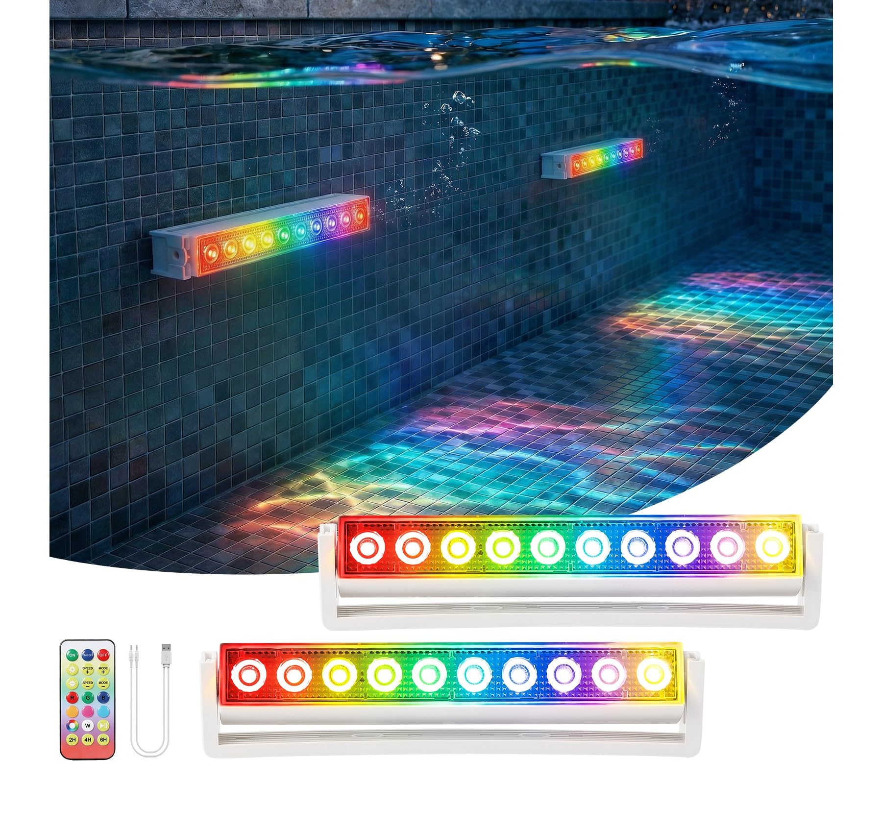 Luz Para Piscina, 2pc Led Impermeables IP68 Con 13 Modos de Iluminación, Luces Recargables para Piscina con Mando a Distancia y Temporizador, Luz Acuática para Ducha, Fuente, Manantial,Pecera