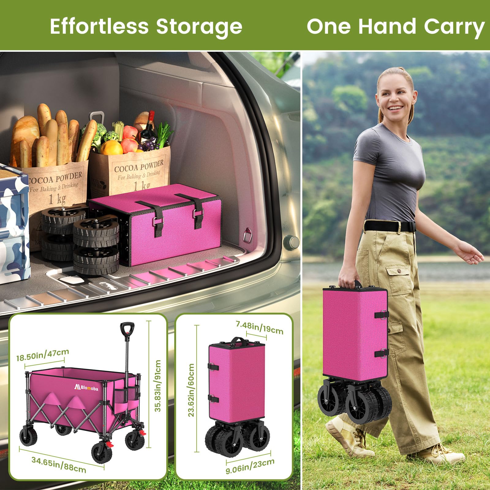 Blomoba Carro plegable de playa de 220 libras con ruedas más anchas y asa de rebote automático, carrito de compras de 150 litros para jardín, compras, camping, deportes, color rosa