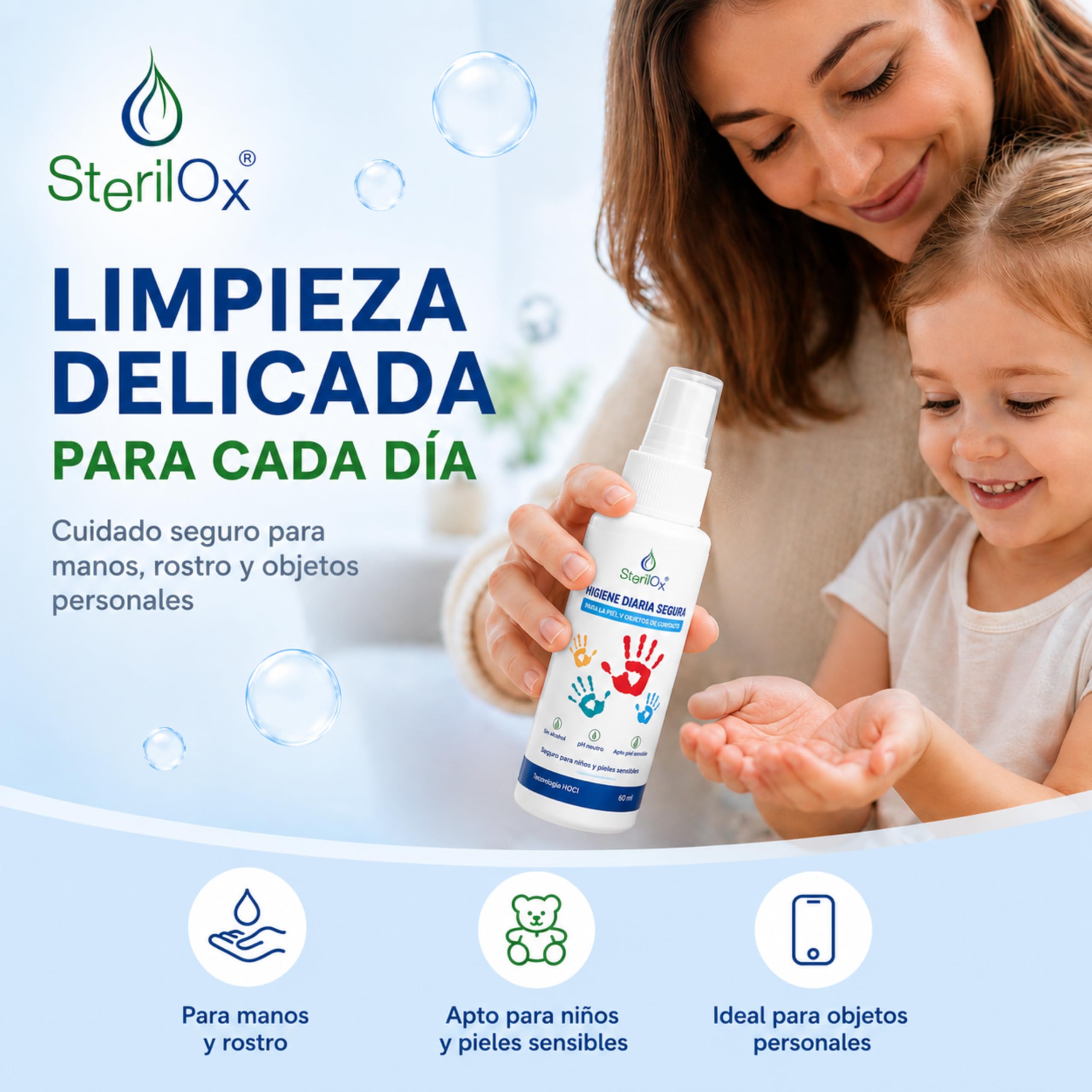 60 ml - spray cosmético antiseptico - para manos, juguetes, platos, objetos/seguro para niños y mascotas/sin alcohol/sin perfume/con ácido hipocloroso (HOCl)