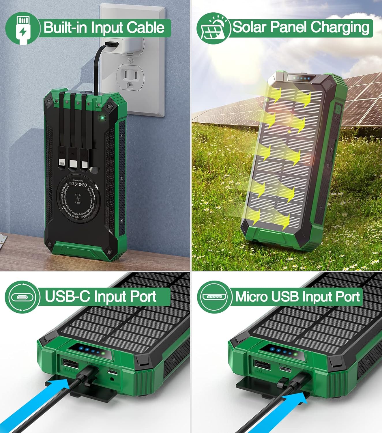 Power Bank Wireless Charger 36000mAh Built in 4 Cables and Dual Flashlights 15W Fast Charging Power Bank Six Outputs Three Inputs Solar Portable Charger Compatible with All Mobile Devices : Cell Phones & Accessories