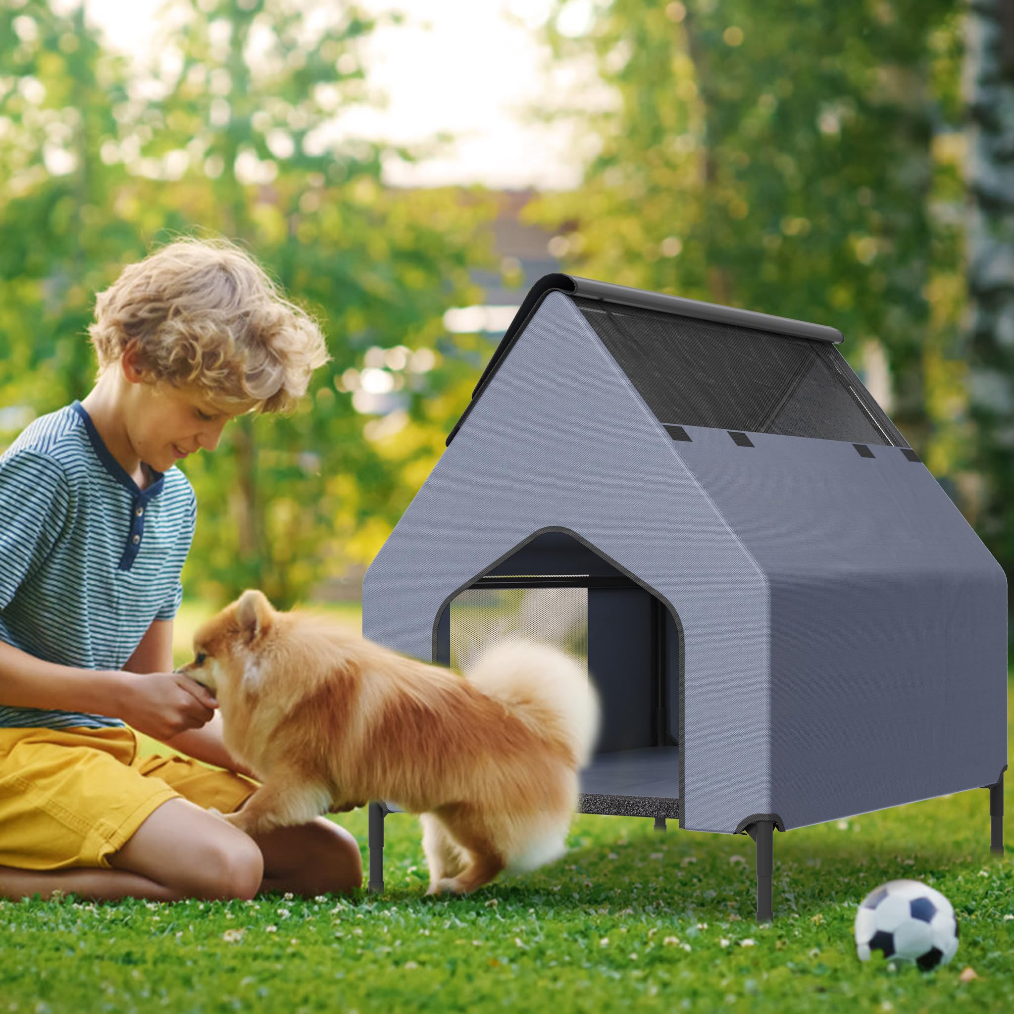 UISEBRT Cama para perros 2 en 1 cubierta y elevada con tapa extraíble, tienda de campaña para perros de exterior para perros pequeños y medianos de hasta 40 kg, ideal para jardín, 91 x 65,5 x 86,5 cm