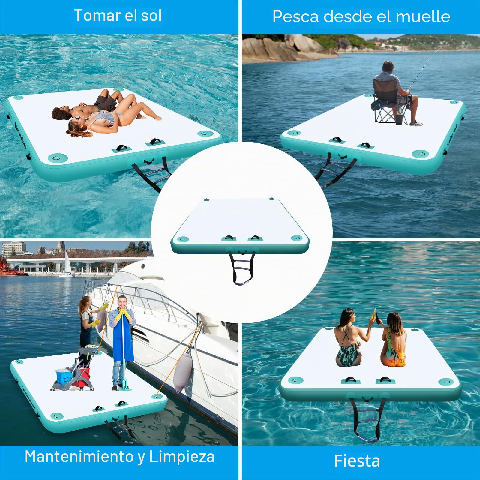 Muelle Flotante Inflable Plataforma de Muelle Inflable con Escalera Desmontable, Bomba y Bolsa de Transporte, Isla Flotante Colchoneta para Piscina, Playa, Lago, Océano