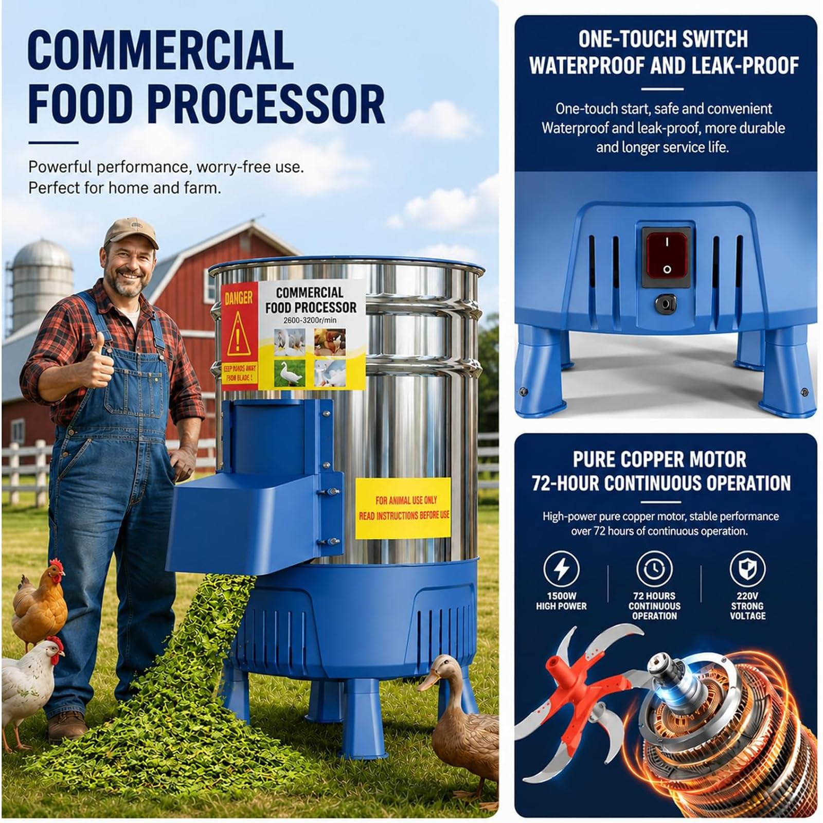 Picadora Eléctrica Comercial De Piensos, Procesadora De Piensos para Ganado De Acero Inoxidable De 1800 W, Cortadora De Verduras Y Trituradora De Paja.