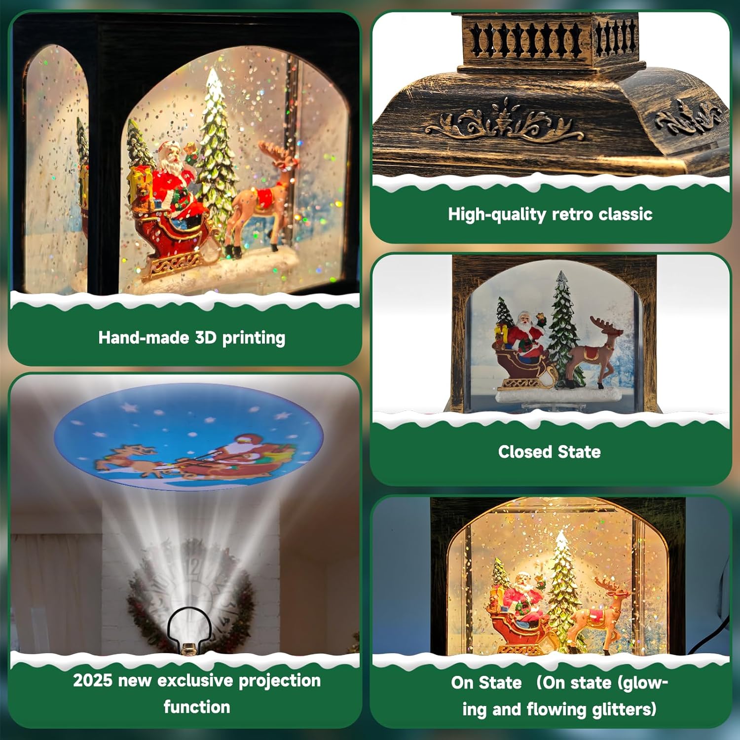 Christmas Snow Globes Lantern Lighted Water Glittering,with Santa Claus Projection/6H Timer/Music,Christmas Decorations Indoor-USB/Battery Operated-Gifts for Kids Adults-with Snow Scene Background - Image 2