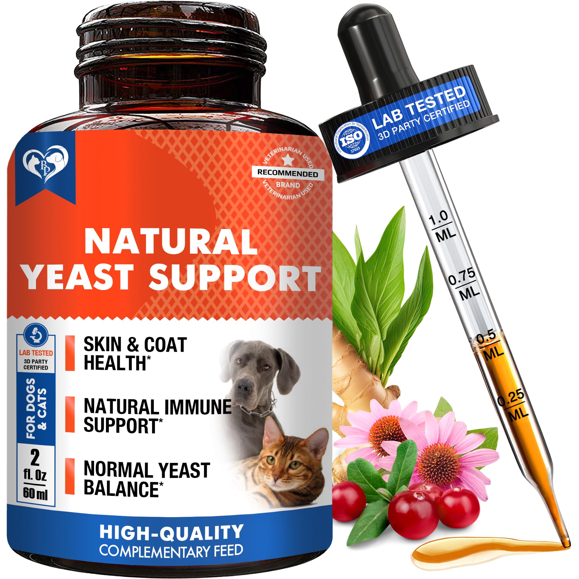 Natural Yeast Infection Treatment for Dogs and Cats – Probiotic & Herbal Ear Comfort Support Oral Drops – Itchy Skin Relief, Hot Spots, Sensitive Ears, Coat & Skin Wellness – All Breeds – 60 mL