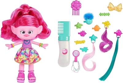 Mattel Trolls 3 Todos Juntos Hair-tastic Reina Poppy Muñeca con peine, purpurina y accesorios para el pelo, juguete +3 años (HNF25)