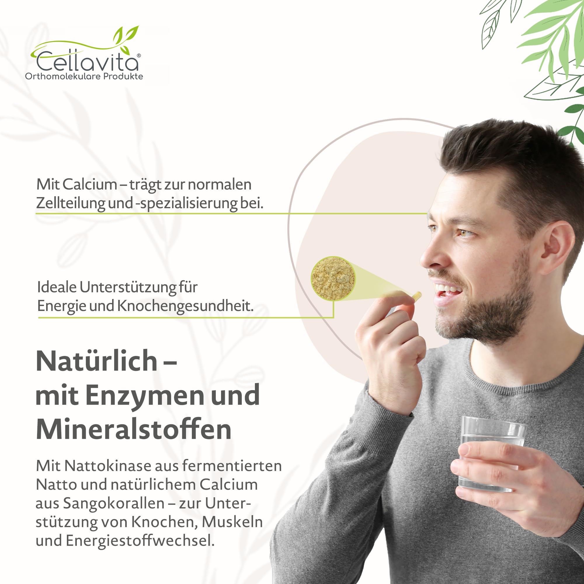Cellavita – Nattokinase Vita hochdosiert 2000 FU 90 vegane Kapseln im Glas –Calciumlieferant aus Sojafermentation mit Sango Meereskoralle – Nahrungsergänzungsmittel einfach dosierbar & ohne Zusätze