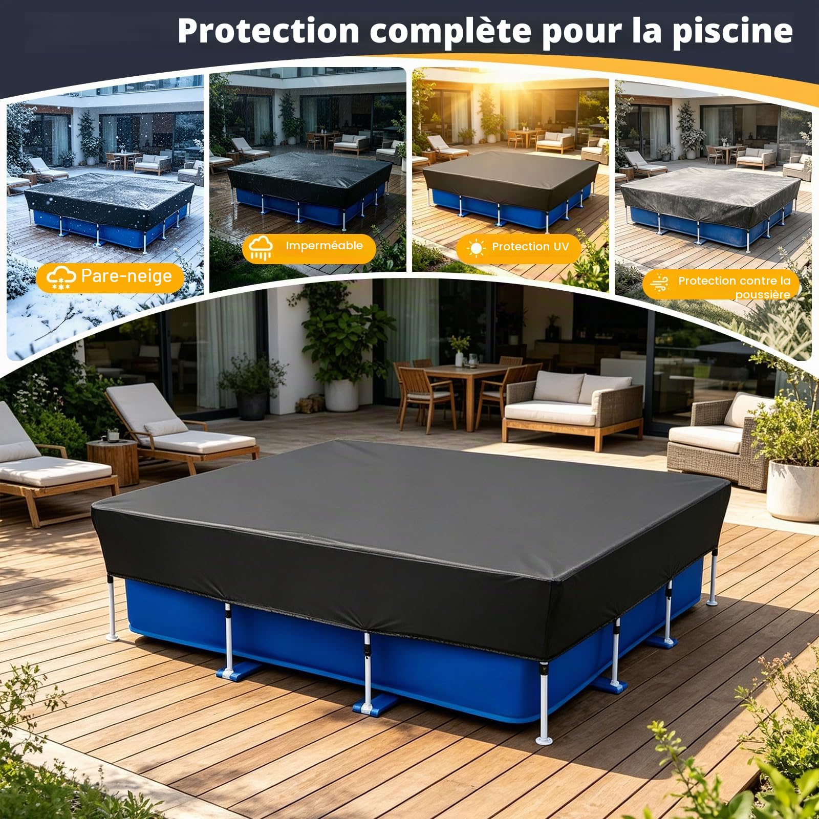 Bâche de piscine rectangulaire, avec cordons, pour piscine à cadre rectangulaire, étanche à la poussière, imperméable, protection UV, cadre de piscine, pour piscine hors sol (400 x 215 cm)