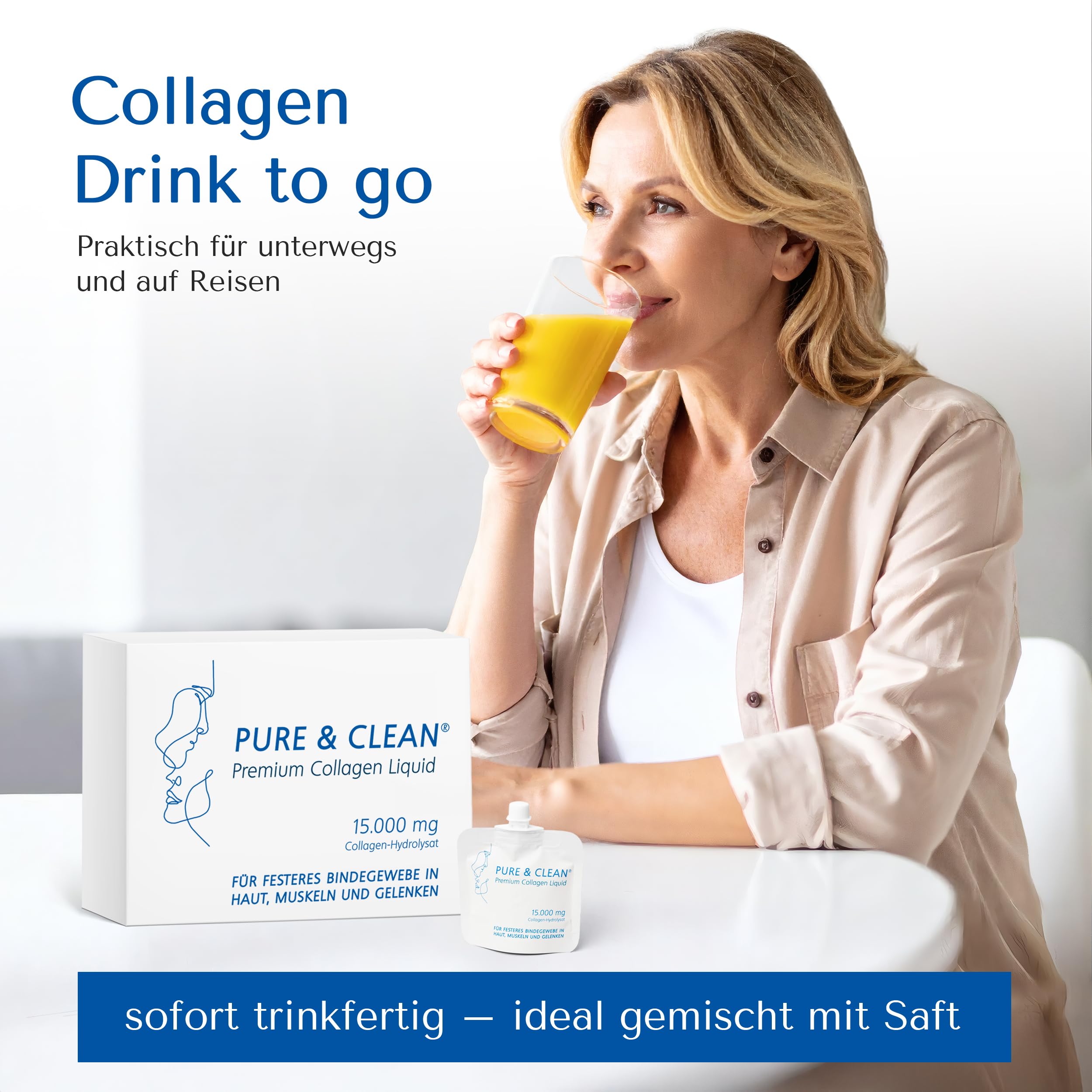 PURE & CLEAN Collagen Liquid 15.000 mg | Höchstdosiert für straffe Haut, Gelenke & Muskeln | Anti-Aging Premium Kollagen, hohe Bioverfügbarkeit, trinkfertig | Mit Vitamin C, 30 Beutel für 30 Tage