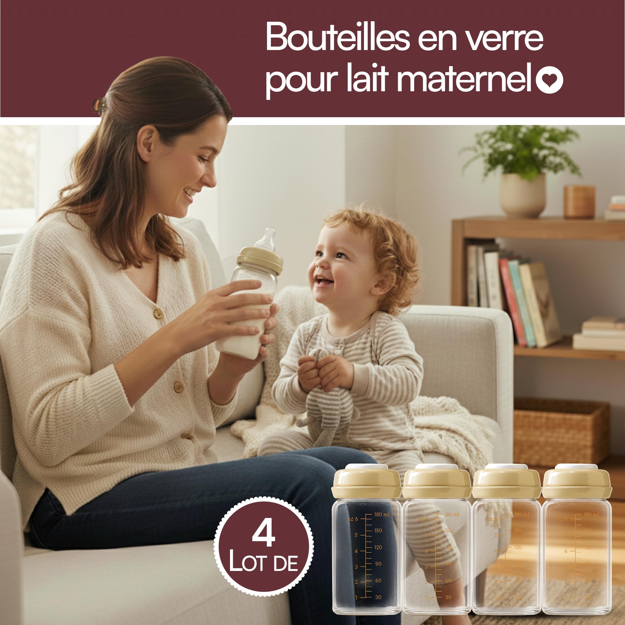 4 biberon in vetro da 180 ml per latte materno – senza BPA – compatibili al 99% tettarelle – lavastoviglie, frigorifero, congelatore e forno a microonde