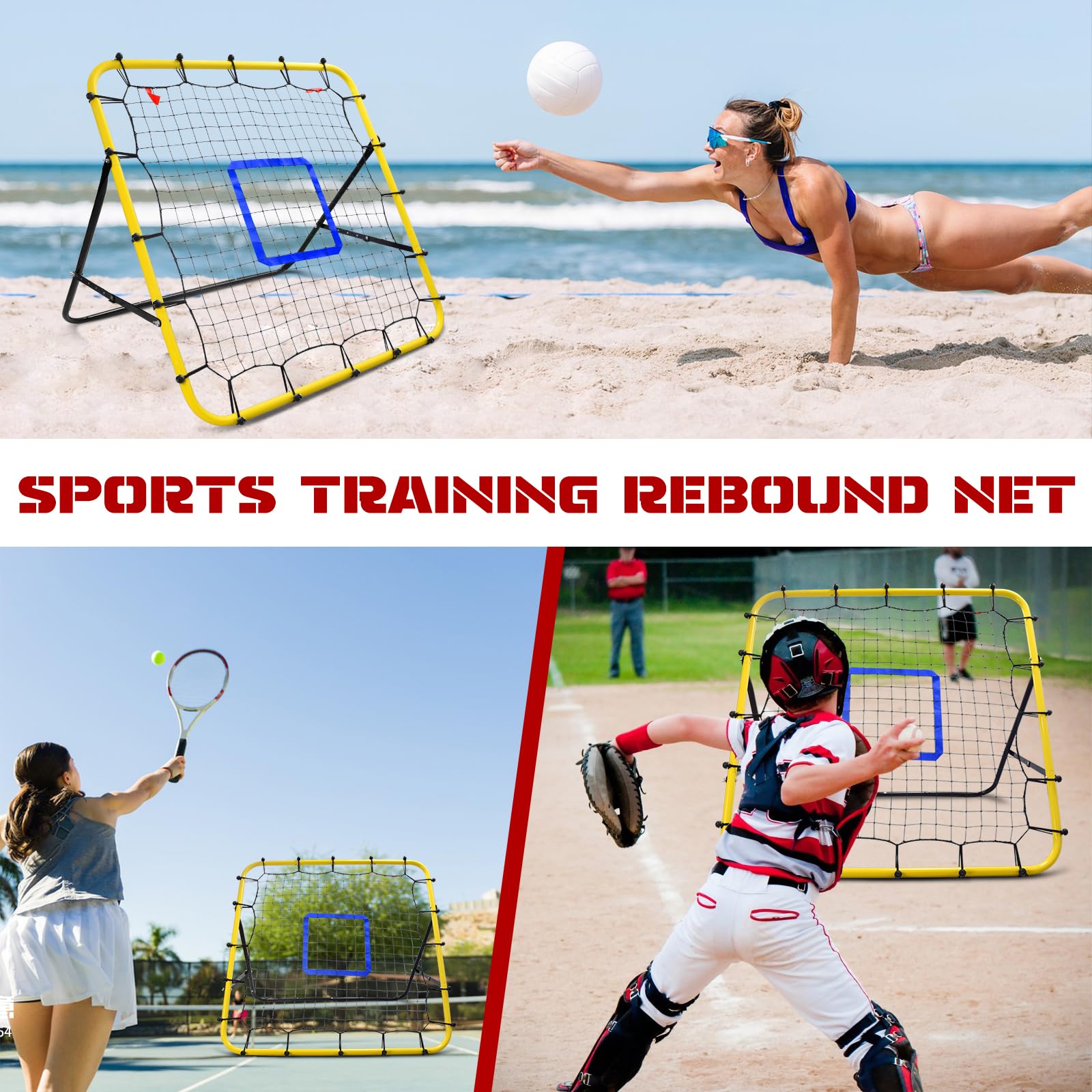 Eastgoing Filet de rebond de baseball et de softball, 0,9 x 1,9 m avec cible de lancement, filet de rebond multi-angle pour rebond de volleyball, rebond de football