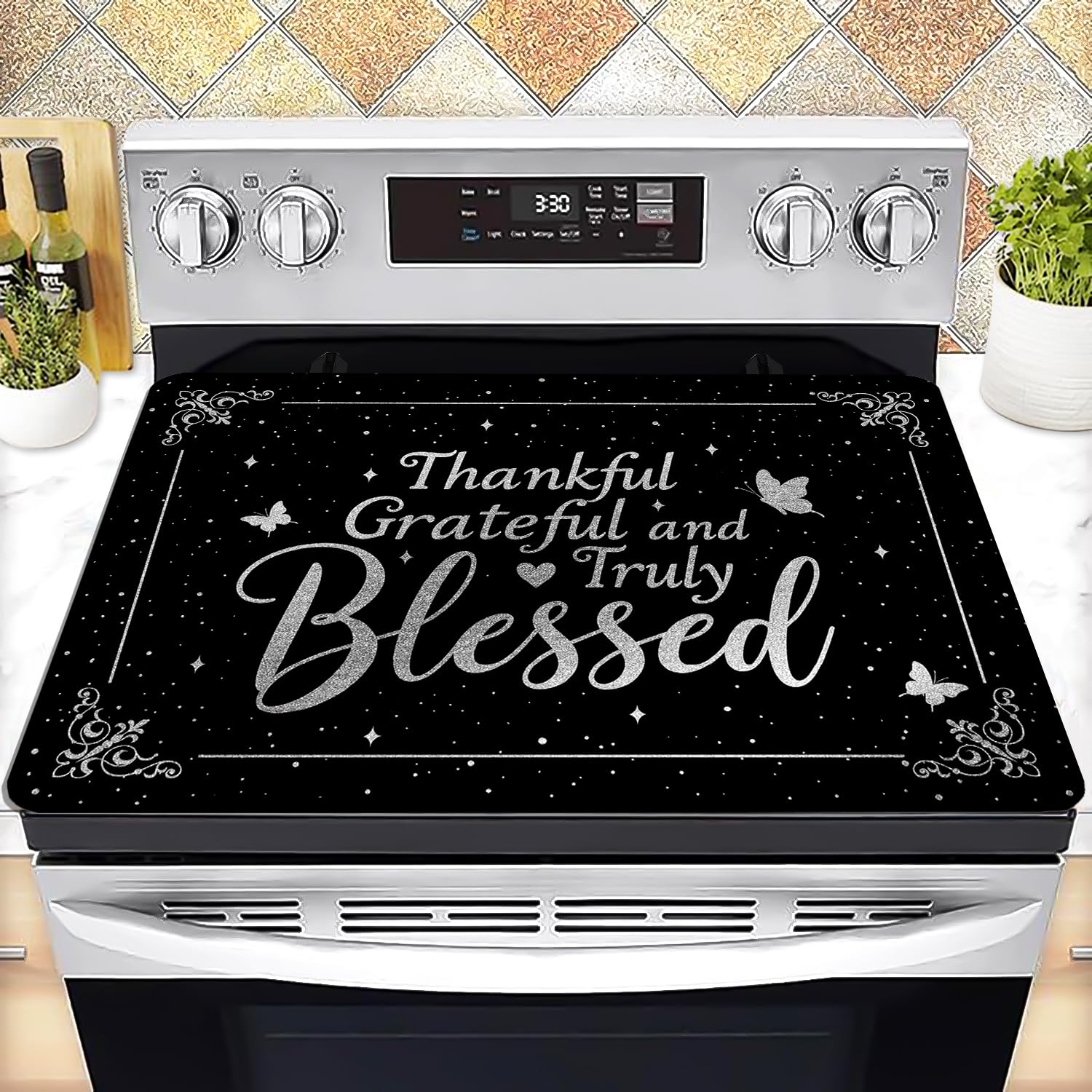 Stove Top Cover for Electric Stove 28 "x 20 ", Thankful Grateful and Truly Blessed Heat Resistant Glass Top Stove Cover Protector, Glass Cooktop Covers, Kitchen Electric Flat Stove Top Covers