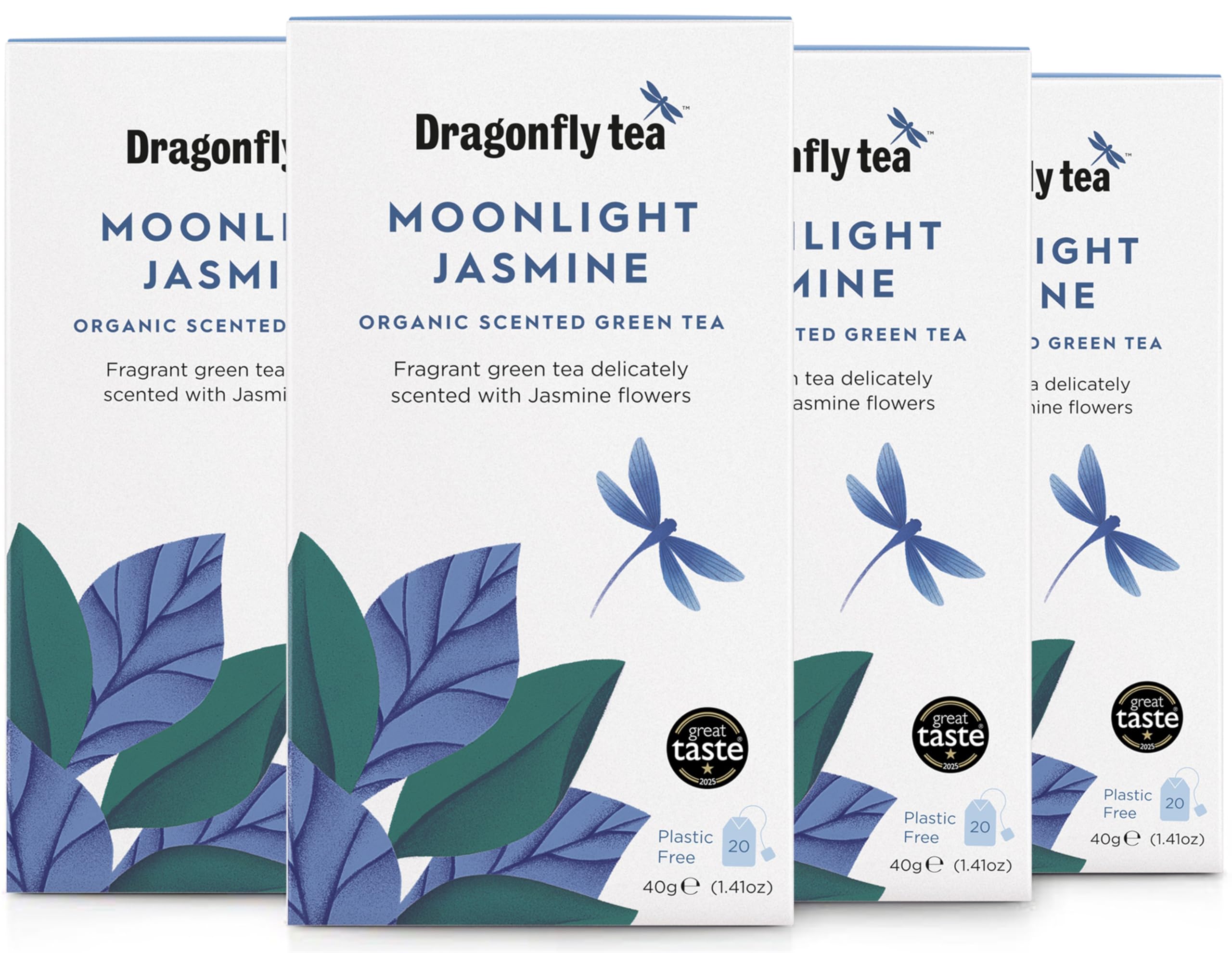 Dragonfly Moonlight Jasmine Green Tea, 80 Teabags (4 x 20) Organic, Fragrant Fine Green Tea Bags, Compostable