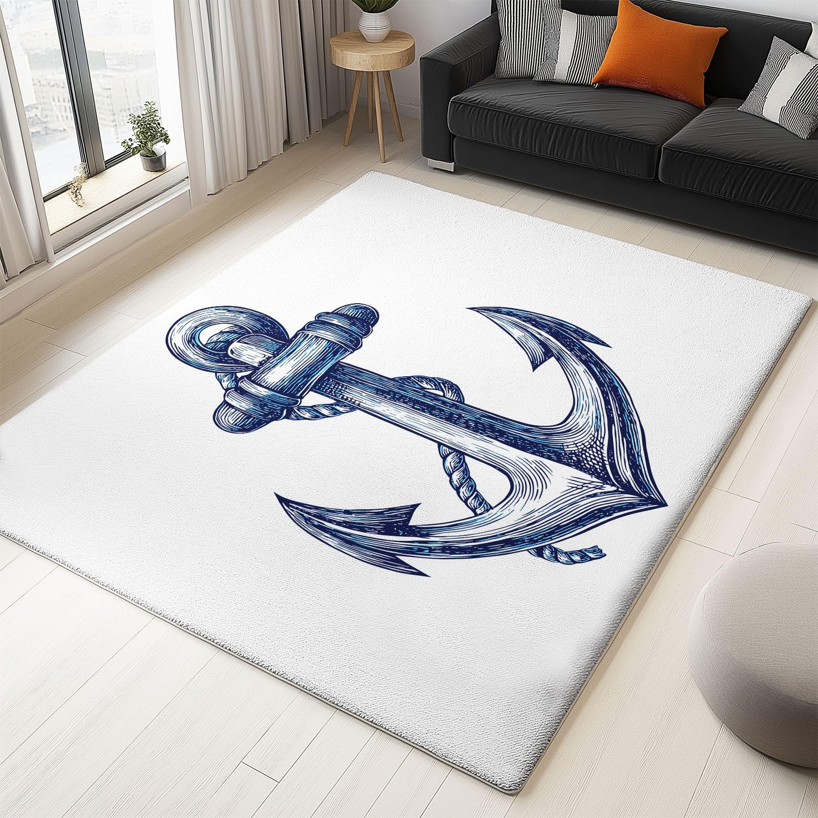 Tapis blanc ancre de style rétro et minimaliste pour salon ou chambre à coucher 120x170cm