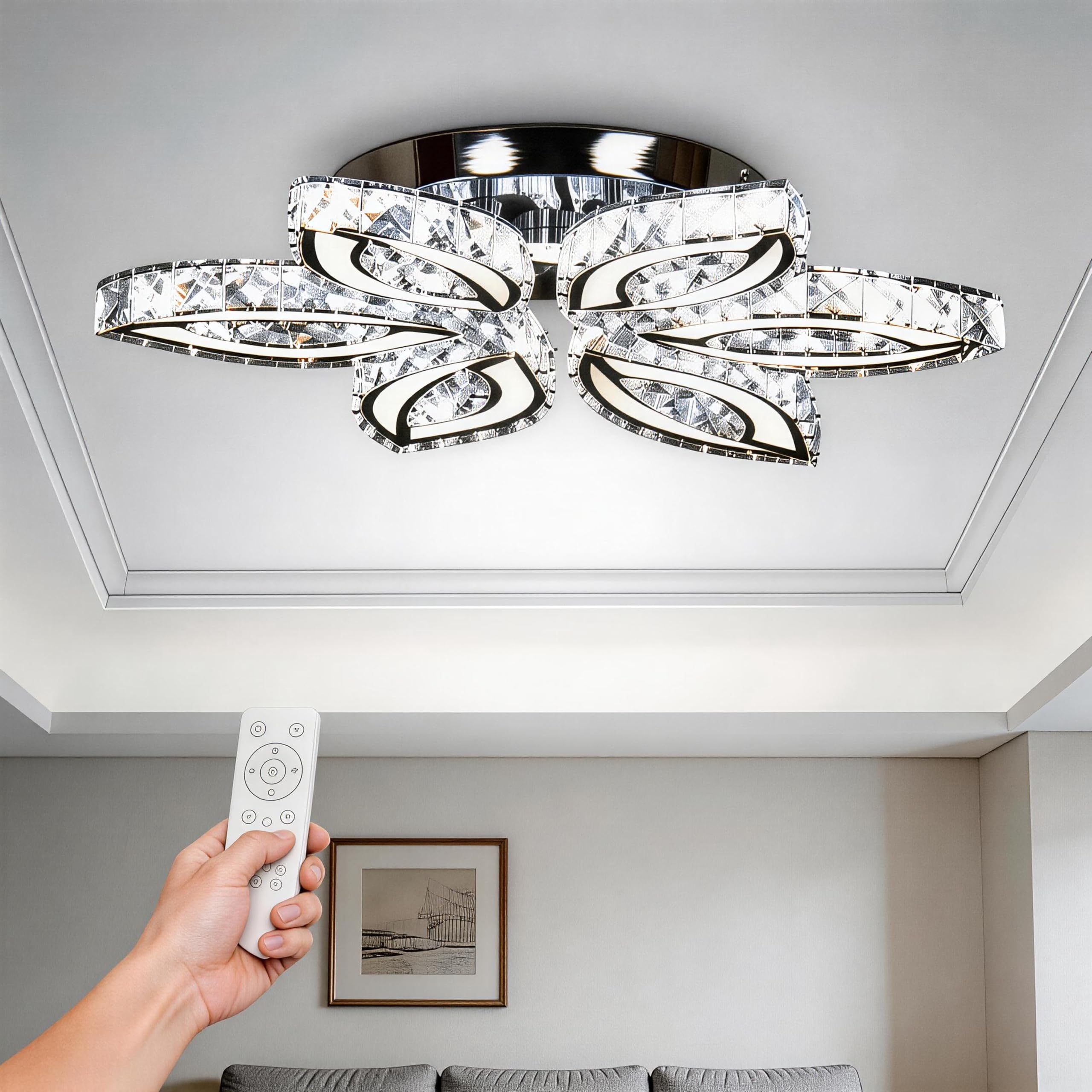 FRIXCHUR 20 Inch Dimmable Crystal Chandelier Flower Shaped LED Ceiling Light Adjustable Colour Temperature Modern Flush Mount for Living Room Bedroom Dining Room