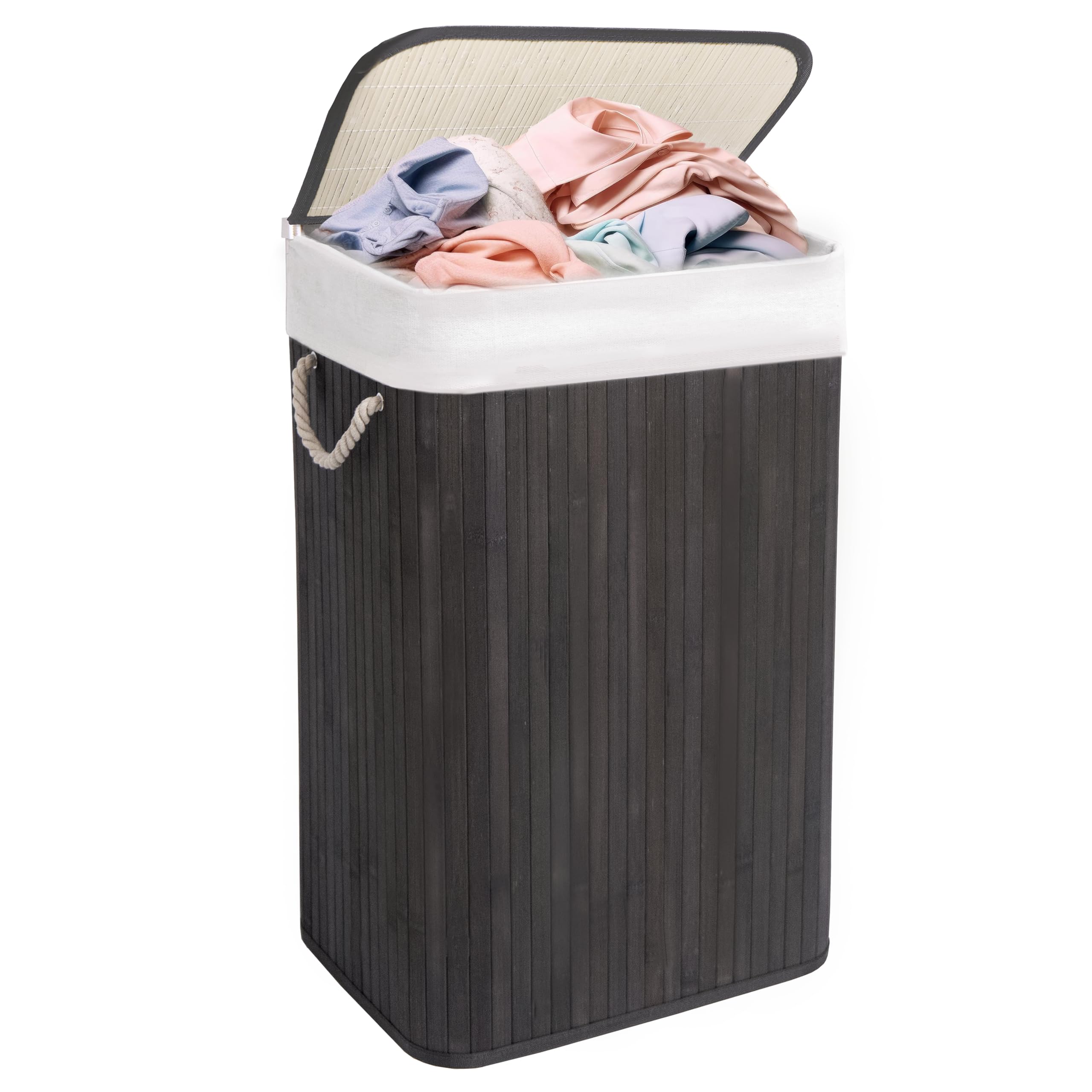 Bamboo Laundry Basket, 72L Laundry Hamper with Removeable Washable Lining, Easy Assemble Easy Folding Storage Bin 40x30x60 cm (Grey)