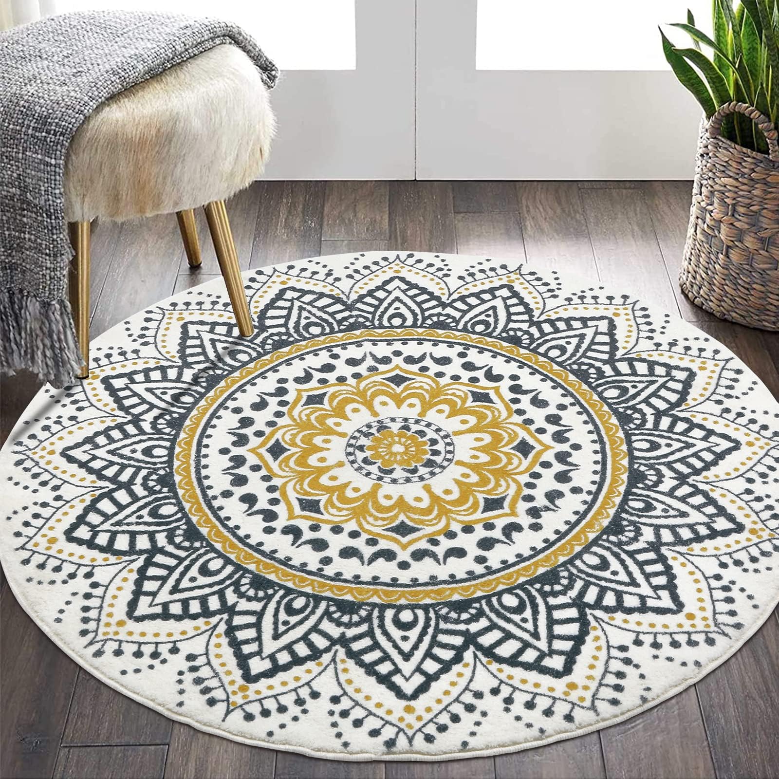 Pauwer Round Shaggy Soft Touch Carpet Rug - 120 cm Washable Non Slip Home Decor Fluffy Living Room & Bedroom Rug