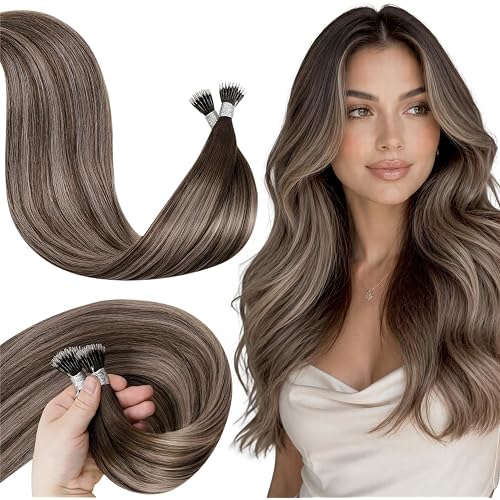 LaaVoo 20 Inch Nano Ring Hair Extensions Human Hair, Brown Ombre Ash Blonde