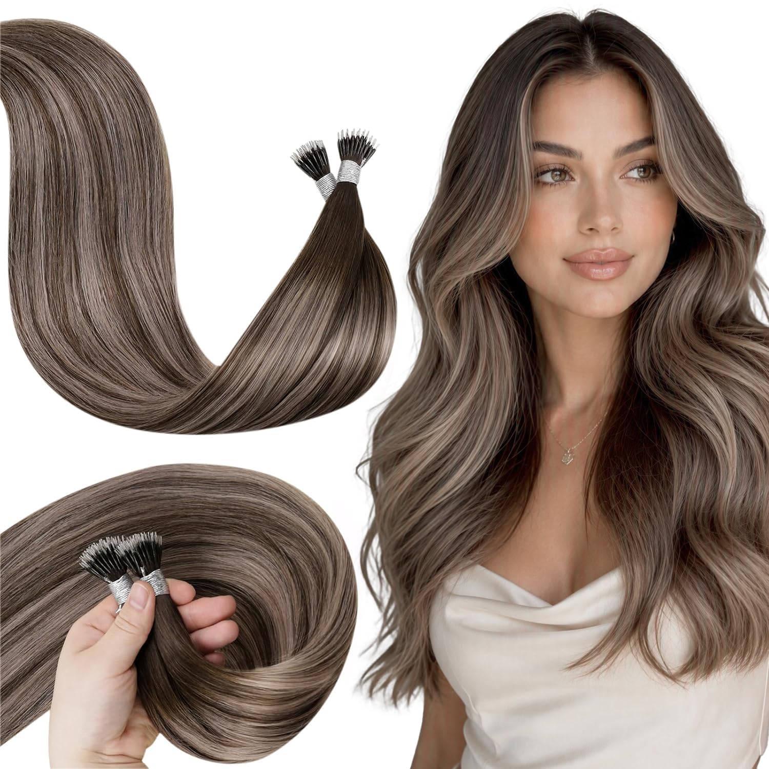  Nano Tip Hair Extensions Human Hair, Chocolate Brown to Blonde