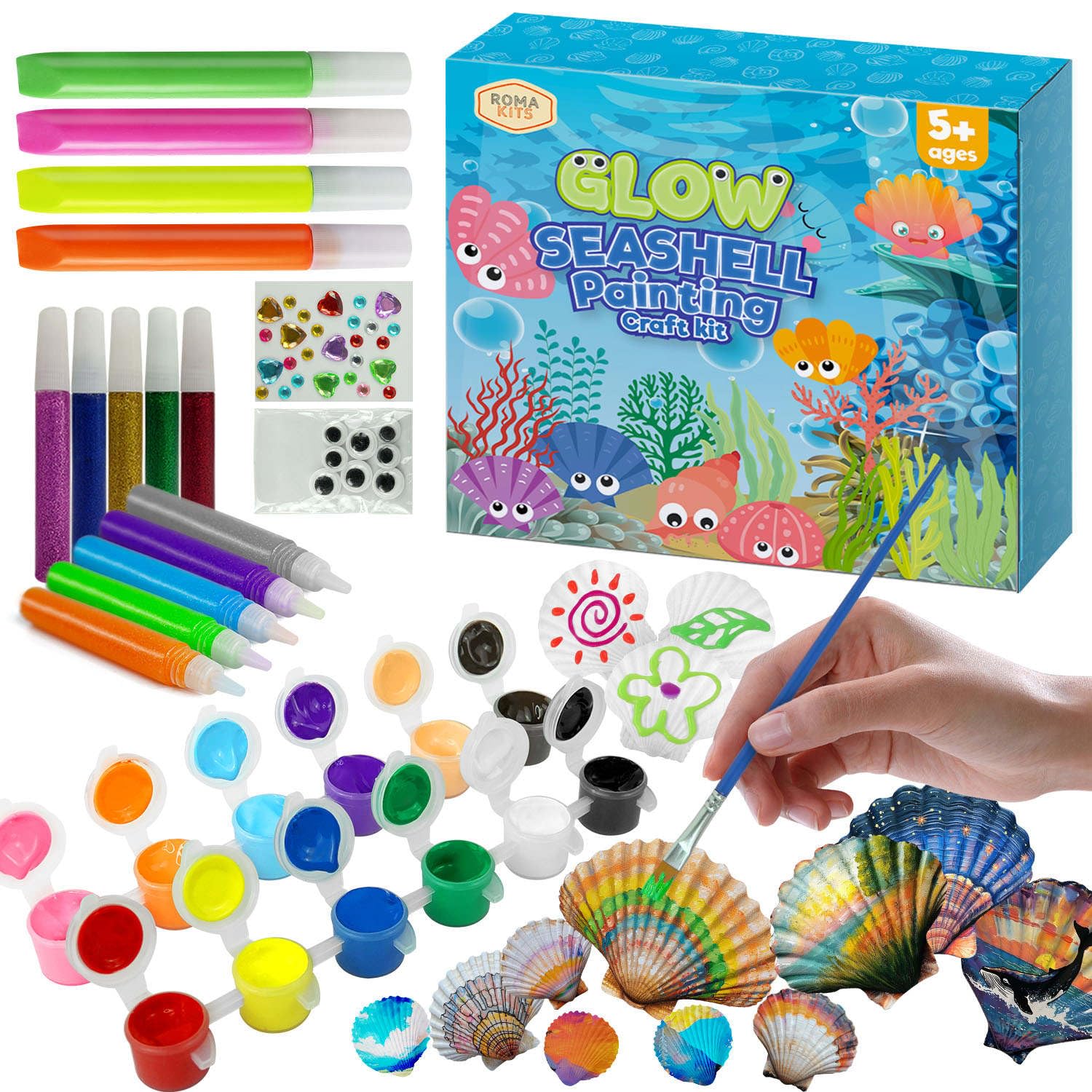 Roma Kits Set de conchas para pintar y decorar, kit de manualidades y pinturas, regalo para niños a partir de 5 años. Kit muy completo con pinturas fluorescentes y con brillantina.