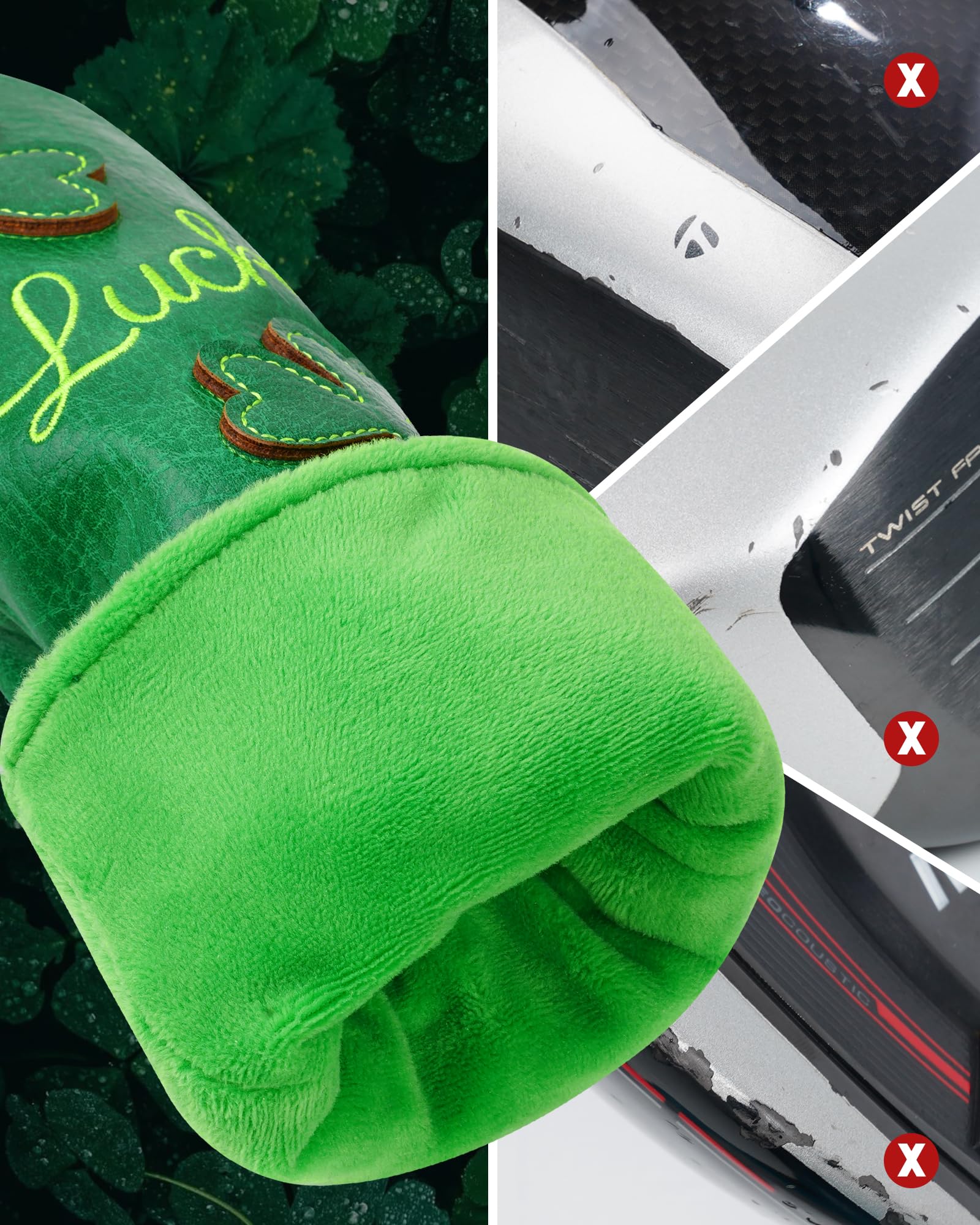 Golfschlägerkopfhauben für Fahrer/Fairwayholz/Hybrid/(1.3.5.UT)/Eisen/Putter, grünes PU-Leder, Kleeblatt