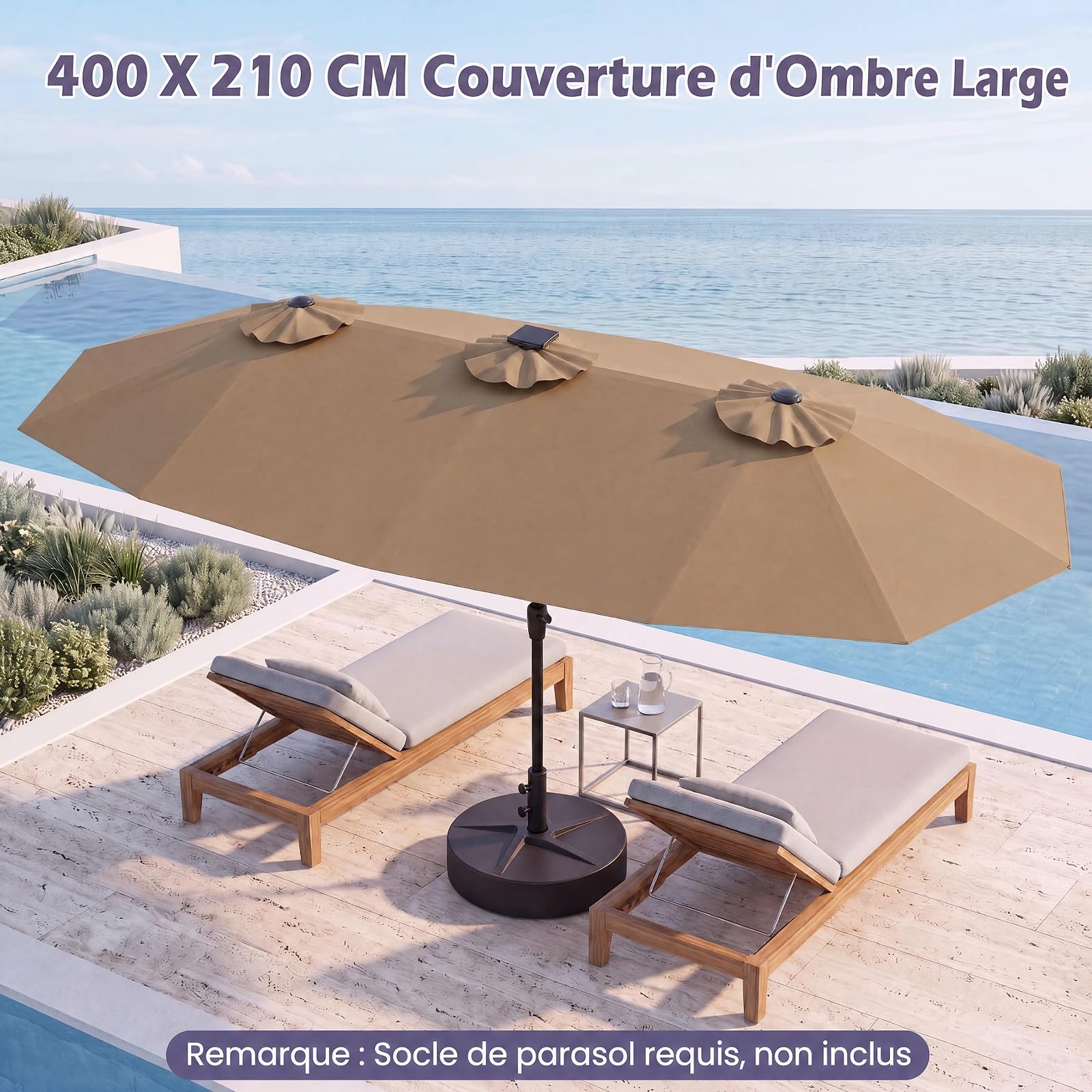 RELAX4LIFE Grand Parasol Double avec LED Multicolore, Parasol de Jardin Extérieur 4M, 12 Baleines, Manivelle, Mât en Métal Revêtu, Polyester Résistant, Abri Solaire pour Terrasse Événement (Marron)