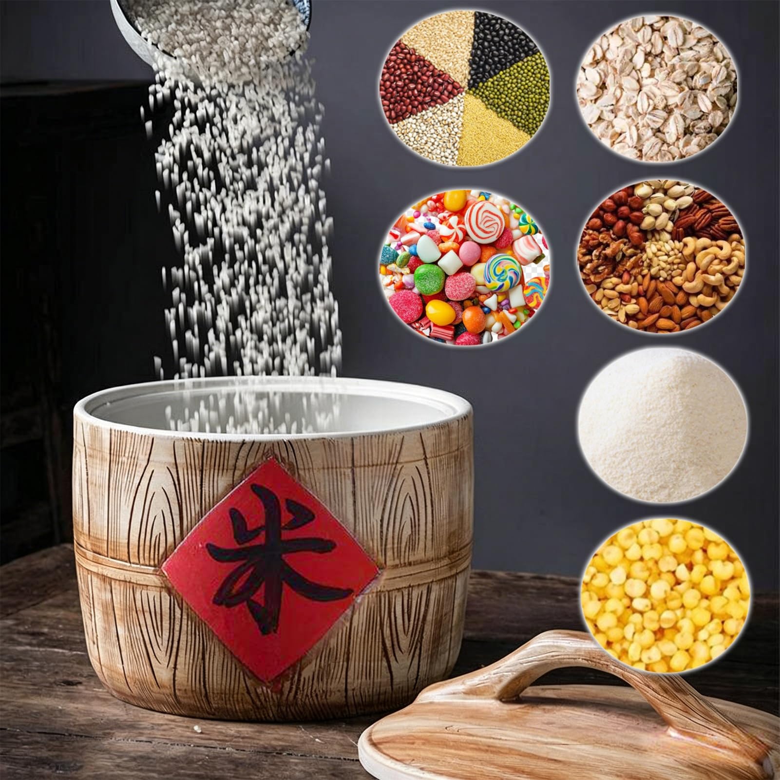 Ceramiczny pojemnik na ryż, chiński słoik ceramiczny dekoracyjny, dozownik ziarna słoiki do przechowywania żywności, organizacja spiżarni kuchennej na ryż, soję, kukurydzę, mąkę, płatki owsiane