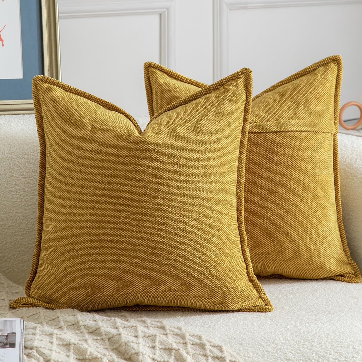Madizz Decorative Chenille Mustard Yellow Cushion Covers 55x55 cm Pack of 2 Throw Pillows for Couch Sofa Boho Accent Pillow Cases for Bed Cushion for Bedroom Living Room Modern Home Decor