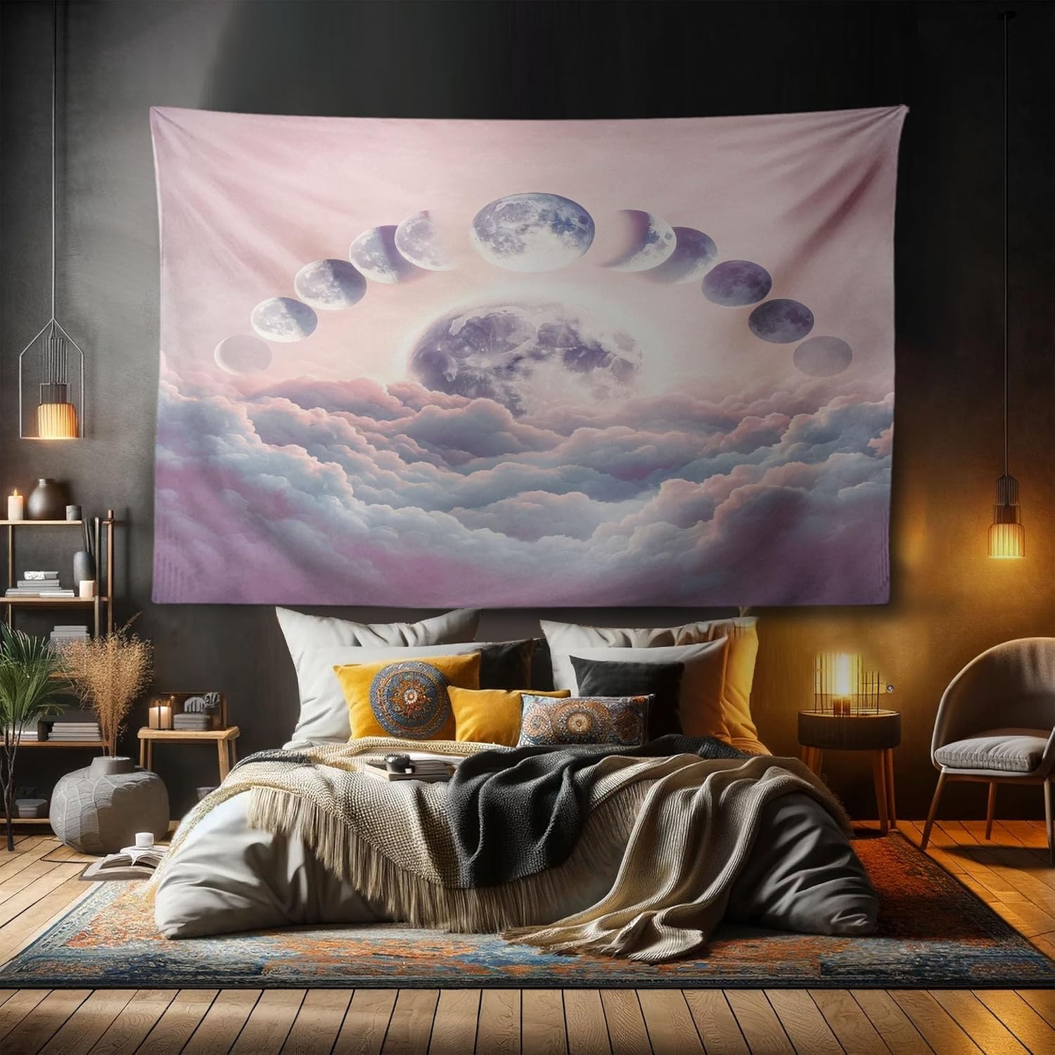Ambesonne Pink Tapestry, Pastel Sky Scene with Moon Phases and Fluffy Clouds Cumulus of Softness, Fabric Wall Hanging Decor for Bedroom Living Room Dorm, 90" X 60", Mauve Pale Rose and Blue