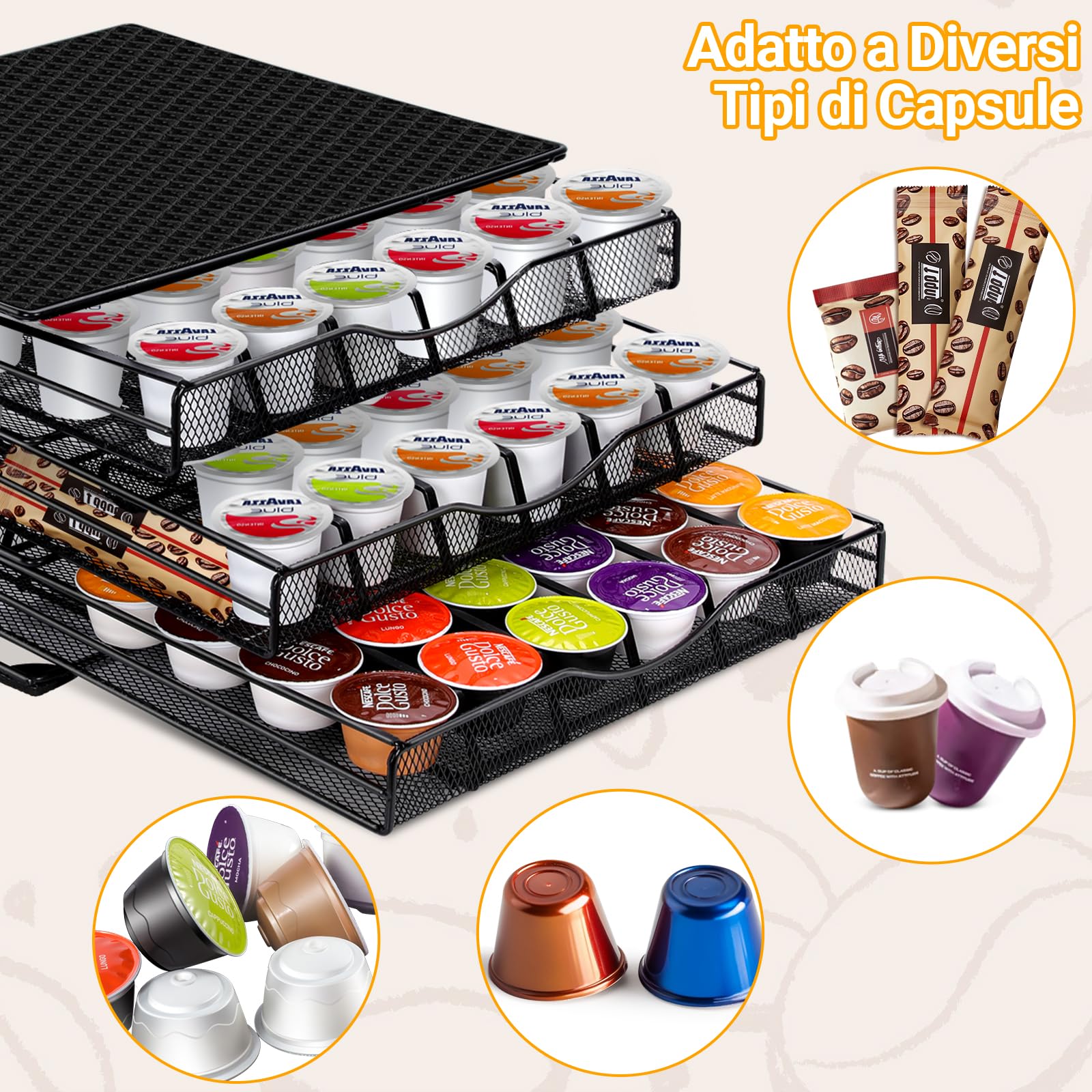 MASTERTOP Cassetti Capsule Dolce Gusto 108pz, Porta Capsule Antiscivolo a 3 Cassetti, Dispenser Capsule di Grande Capacità con Supporto Antivibrazioni in EVA per Macchina Caffè