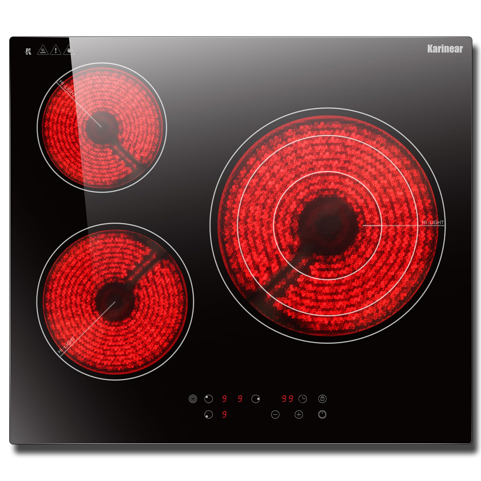 Karinear Placa vitroceramica 60 cm con tres fuegos, Marco metálico delante y detrás, Extensión de zona, Temporizador, Cierre para niños, Control táctilr, 220 V ~ 240 V, 5700 W, Sin enchufe.