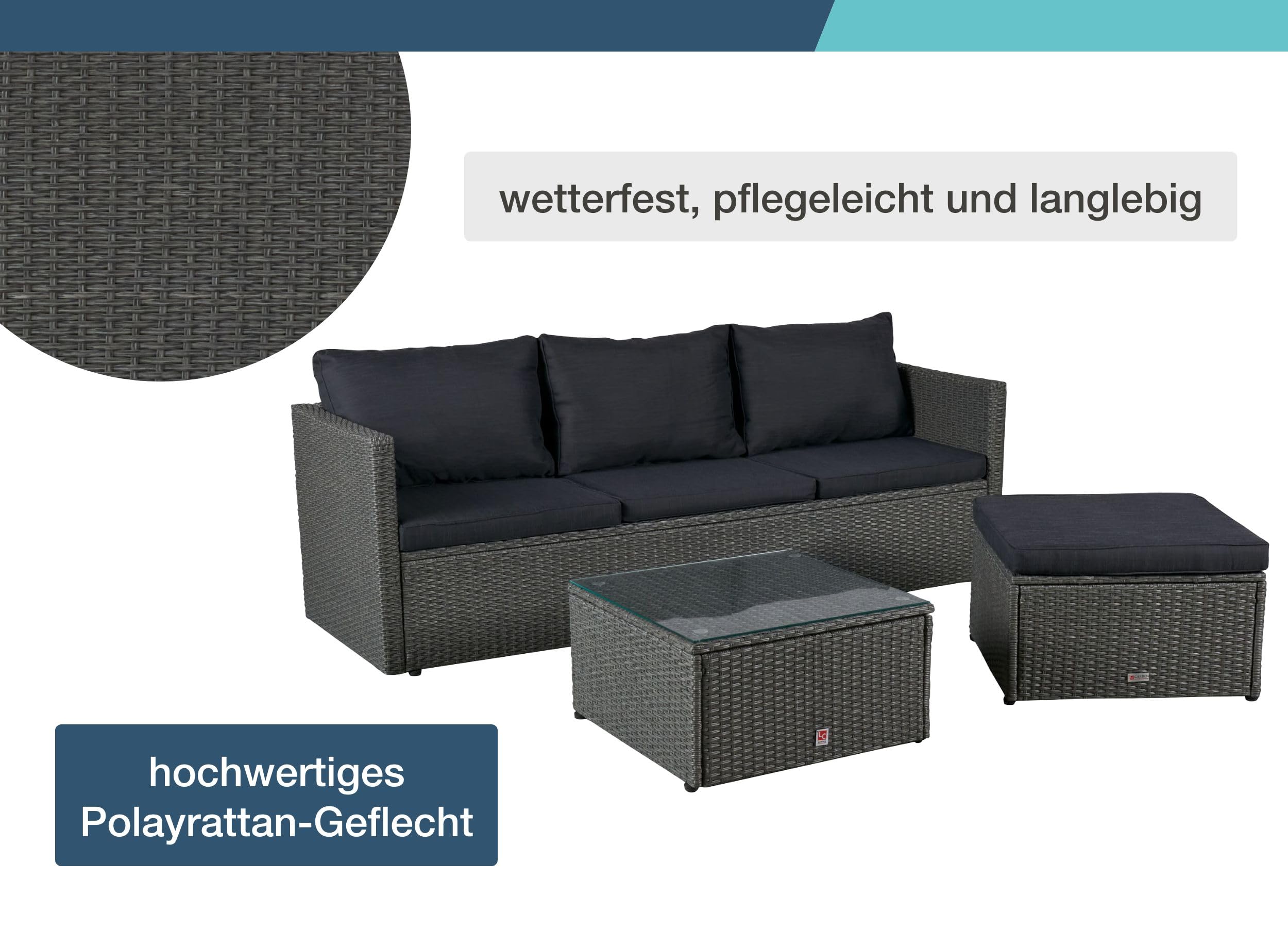 LC Garden Loungino Polyrattan Lounge grau-Mix für 3-4 Personen, Balkonmöbel Sitzgruppe mit Tisch + Hocker, Gartenlounge, Ecksofa für Balkon + Terrasse