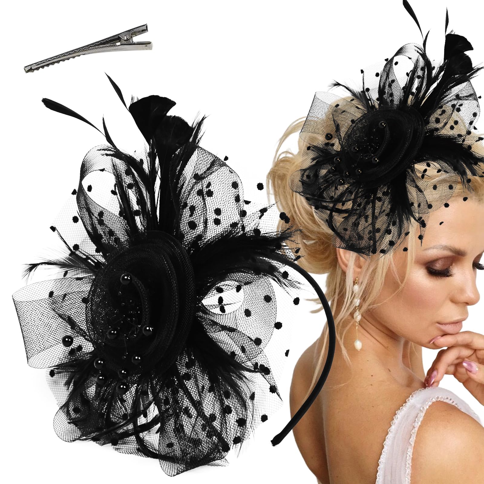 Fascinators Hats for Women Kentucky Derby Tea Party Headwear Tea Party Hats for Women Flower Mesh Ribbons Feathers Headband Hair Accessories (Black)