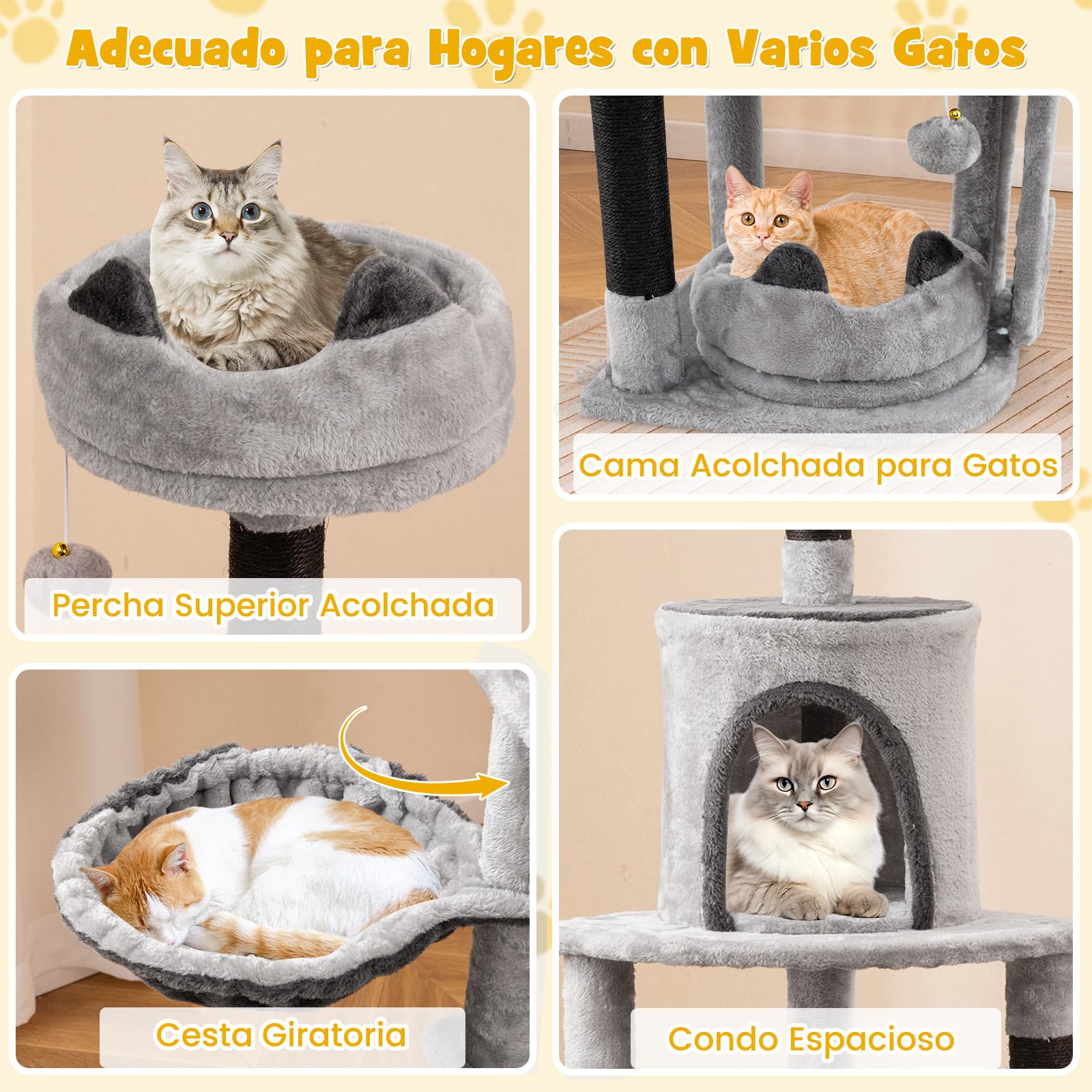 COSTWAY Rascador para Gatos de 144 cm, Árbol Rascador para Gatos de 5 Niveles con 3 Postes de Sisal para Rascar y Tablero, Condominio, Plataformas, Hamaca, Cama, Árbol de Actividades para Gatitos