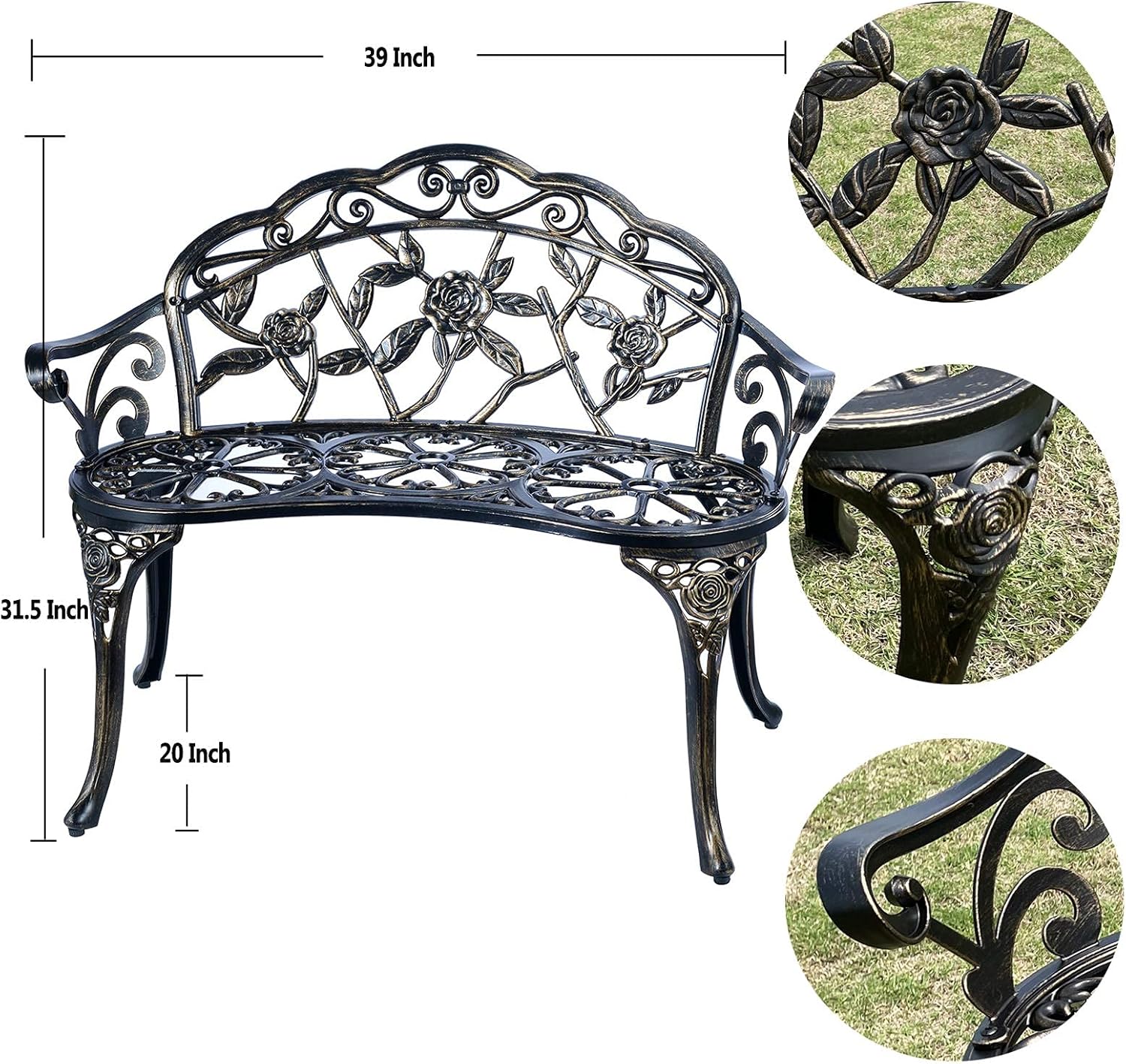 U/D Outdoor Bench Park Garden Bench ，All Chair Anti Rust Cast Aluminum Patio Yard Bench ，Carved Rose Loveseat Bench for Backyard. Porch, Balcony, Lawn. (Without Cushion, Copper)