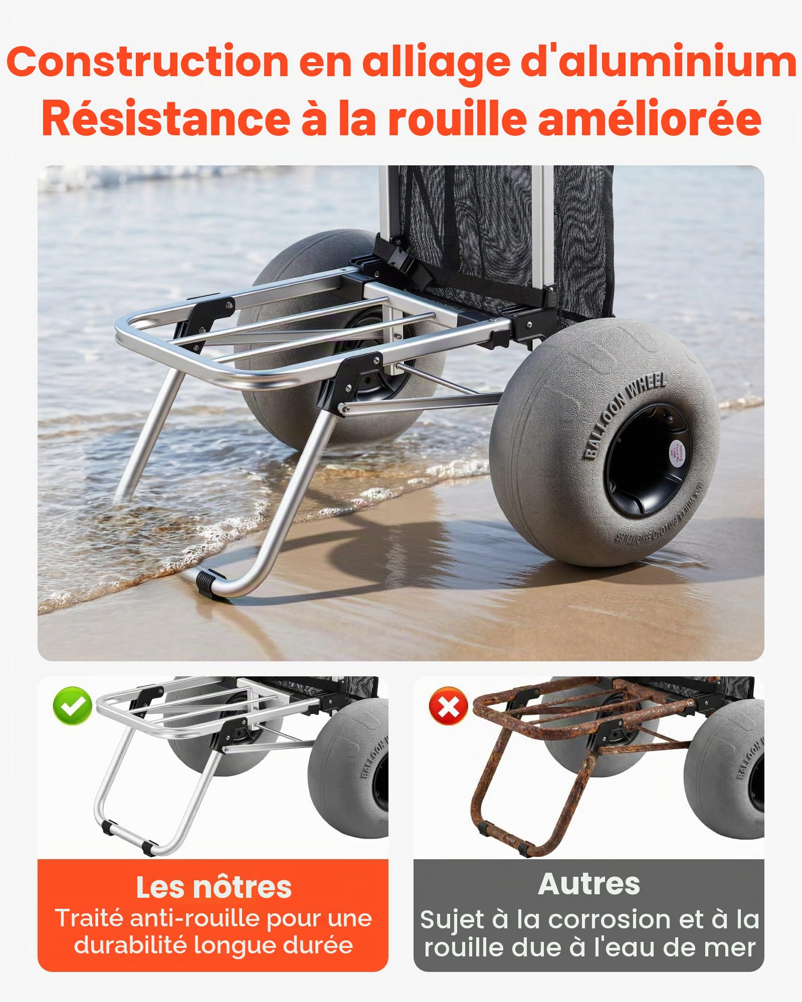 VEVOR Diable de Plage Tout-Terrain, Chariot de Transport Pliable Charge Maximale 75 kg, pour Camping Pêche Jardin Extérieur, Plateau de Chargement 50,5x37,4 cm, Roues Ballons 32 cm, Hauteur Réglable