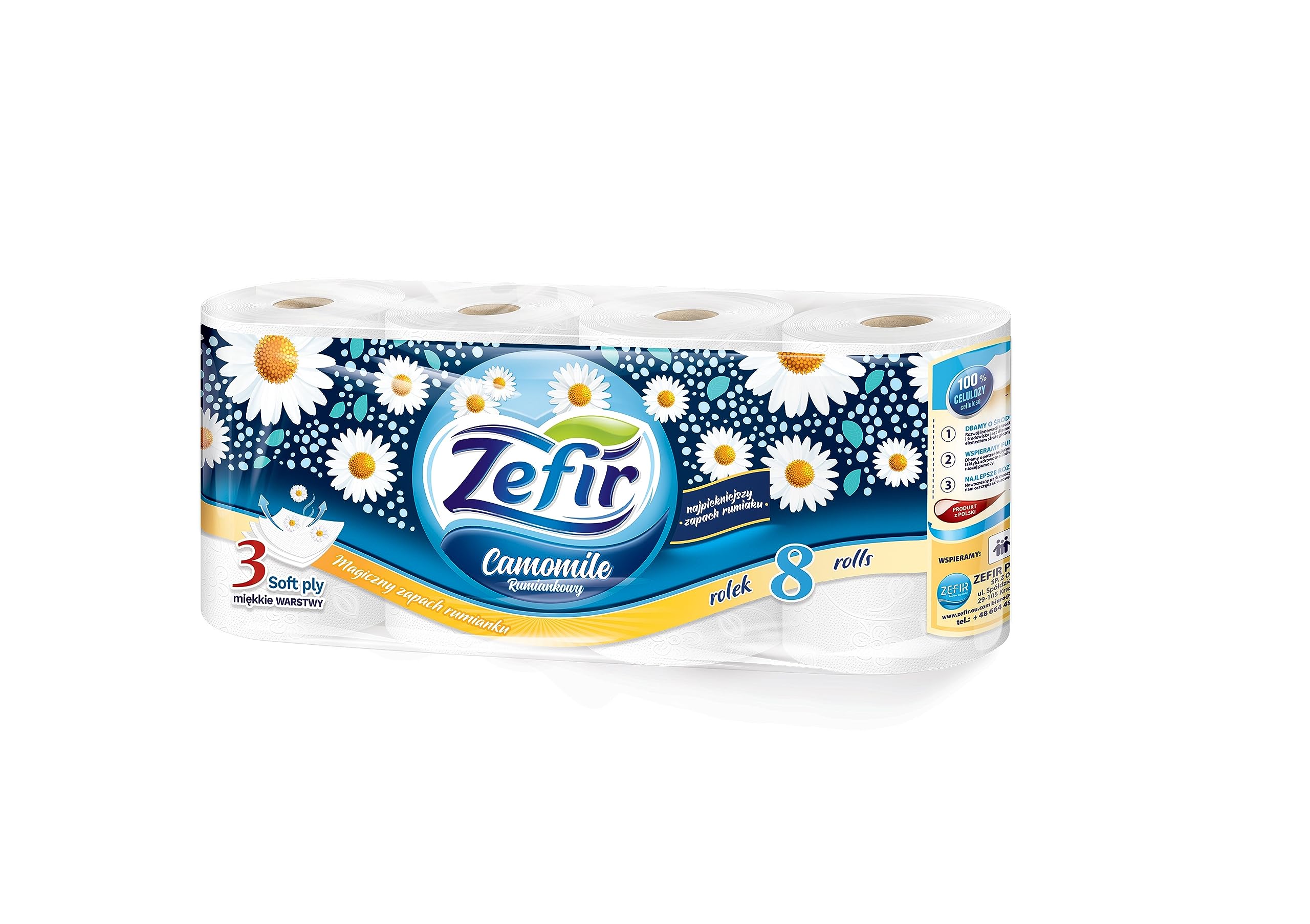 Zefir 128 Rollen Toilettenpapier 157 Blatt, Kamillenpapier, Klopapier, WC-Papier 3 lagig Kamillenduft
