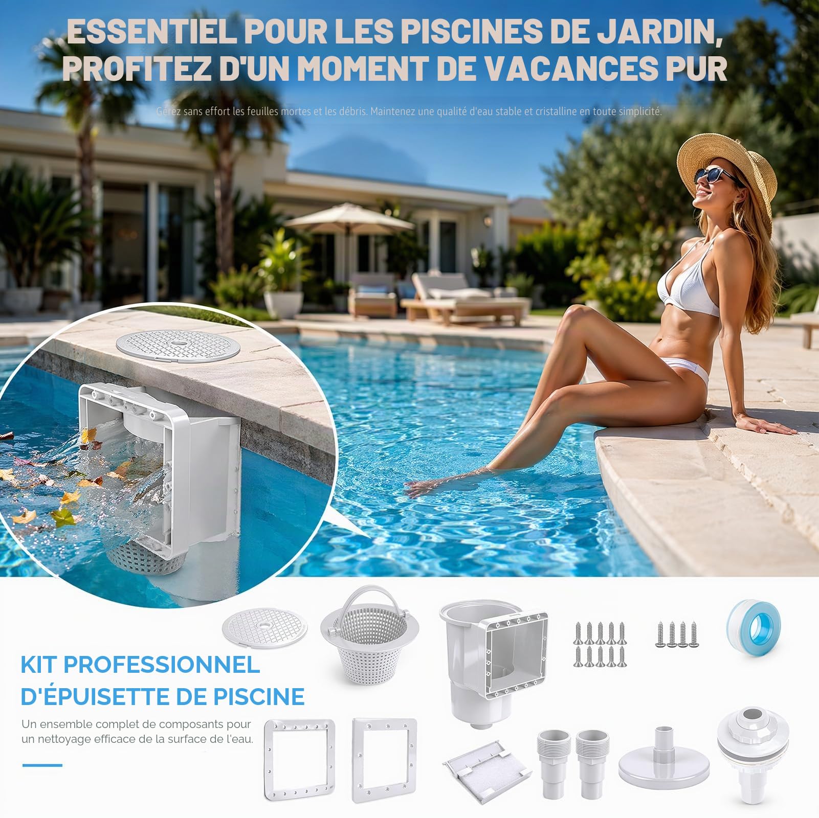 Kit skimmer encastrable 8 pièces pour piscines à paroi en acier, buse d'admission, grand panier skimmer, raccord de tuyau 32/38 mm, blanc, nettoyage et entretien de l'eau