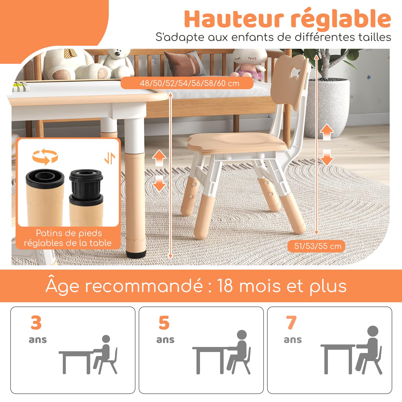 GOPLUS Table Enfant avec 4 Chaises, Réglable en Hauteur, Table a Dessin Enfant avec Plateau à Graffitis, Bureau d'Activité Bebe 18+ Mois pour Chambre d'enfant, Maternelle (Naturel)