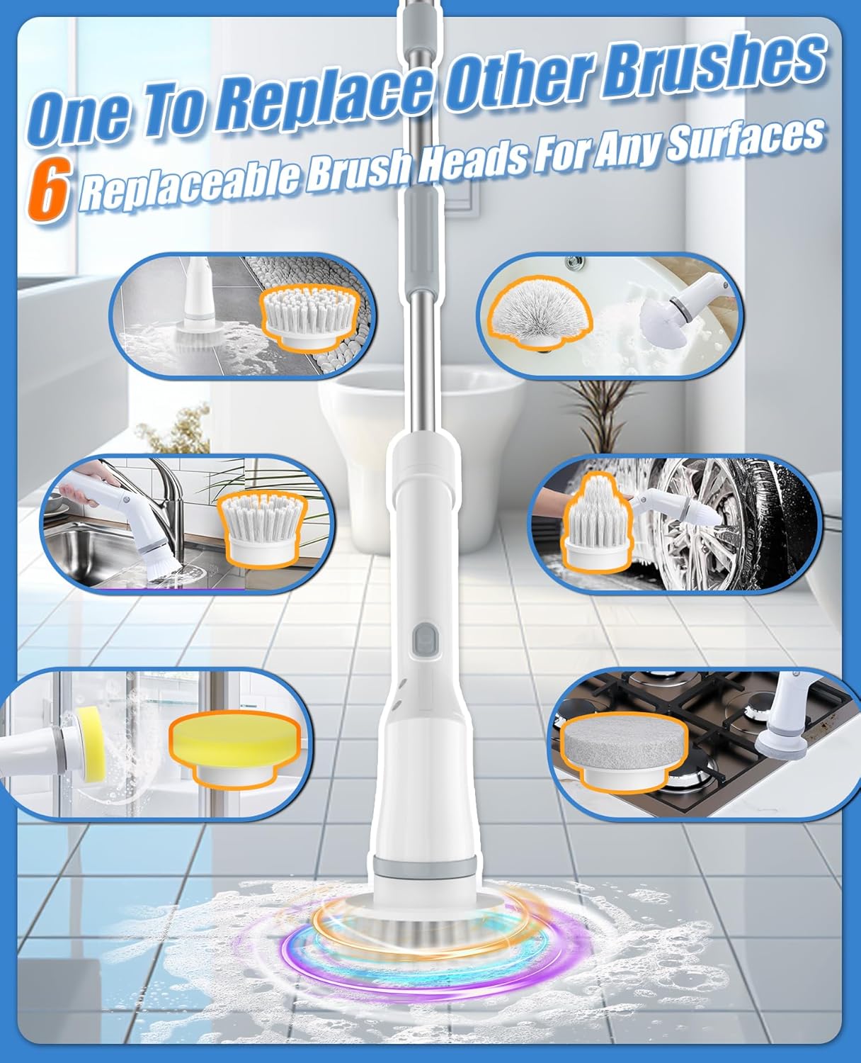 Electric Spin Scrubber, Cordless Cleaning Brush 6 Replaceable Brush Heads, 2H Power Dual Speed, Shower Scrubber with IPX7 Waterproof Extension Handle for Bathroom Tub Tile Floor Car, A-YA-1