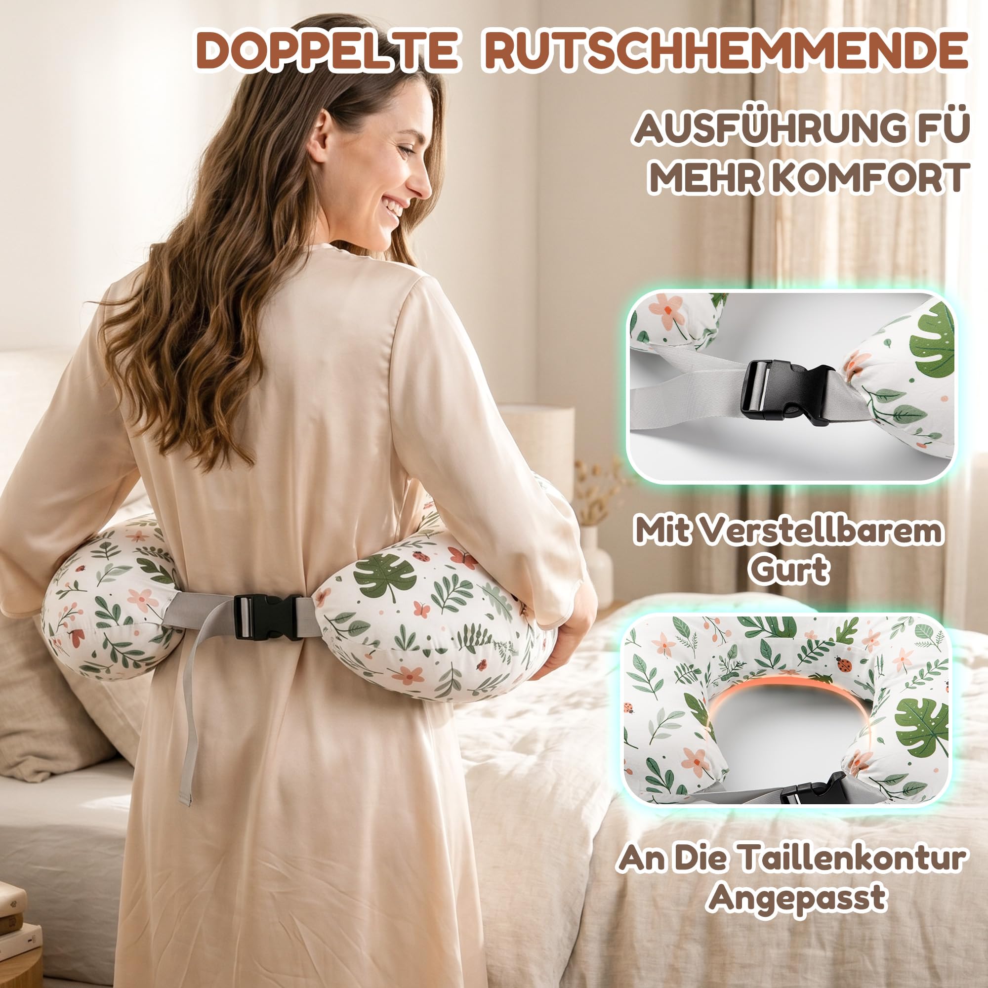 Ergonomisches Stillkissen mit erhöhtem Schutzrand, Stillkissen mit abnehmbarem und waschbarem Bezug, Verstellbarer Hüftgurt, Für Verschiedene Körpergrößen und -Formen, Dunkelgrün