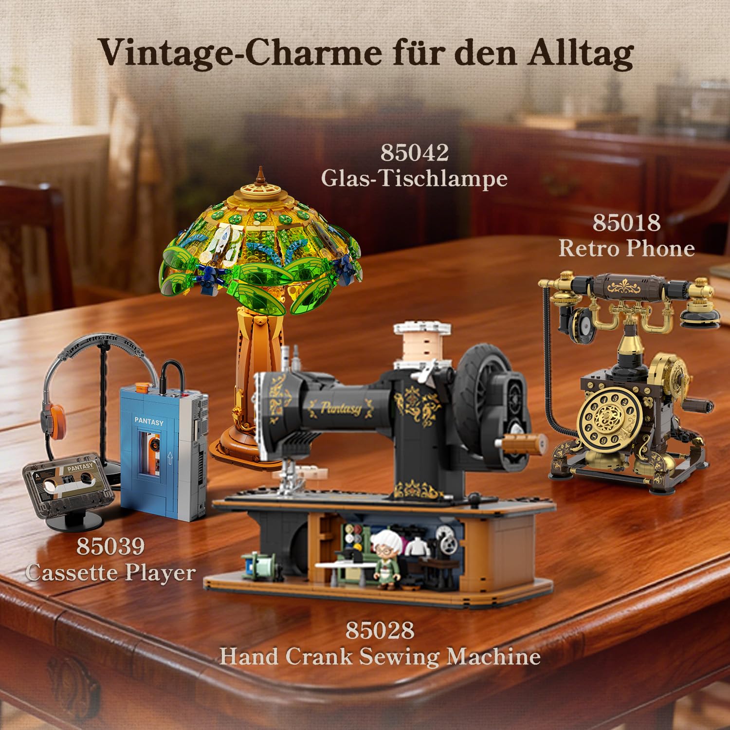 PANTASY Retro Nähmaschine Klemmbausteine Set | Vintage-Modell mit Handkurbel, funktionierendem Zahnradmechanismus und versteckter Mini-Schneiderei zum Ausstellen